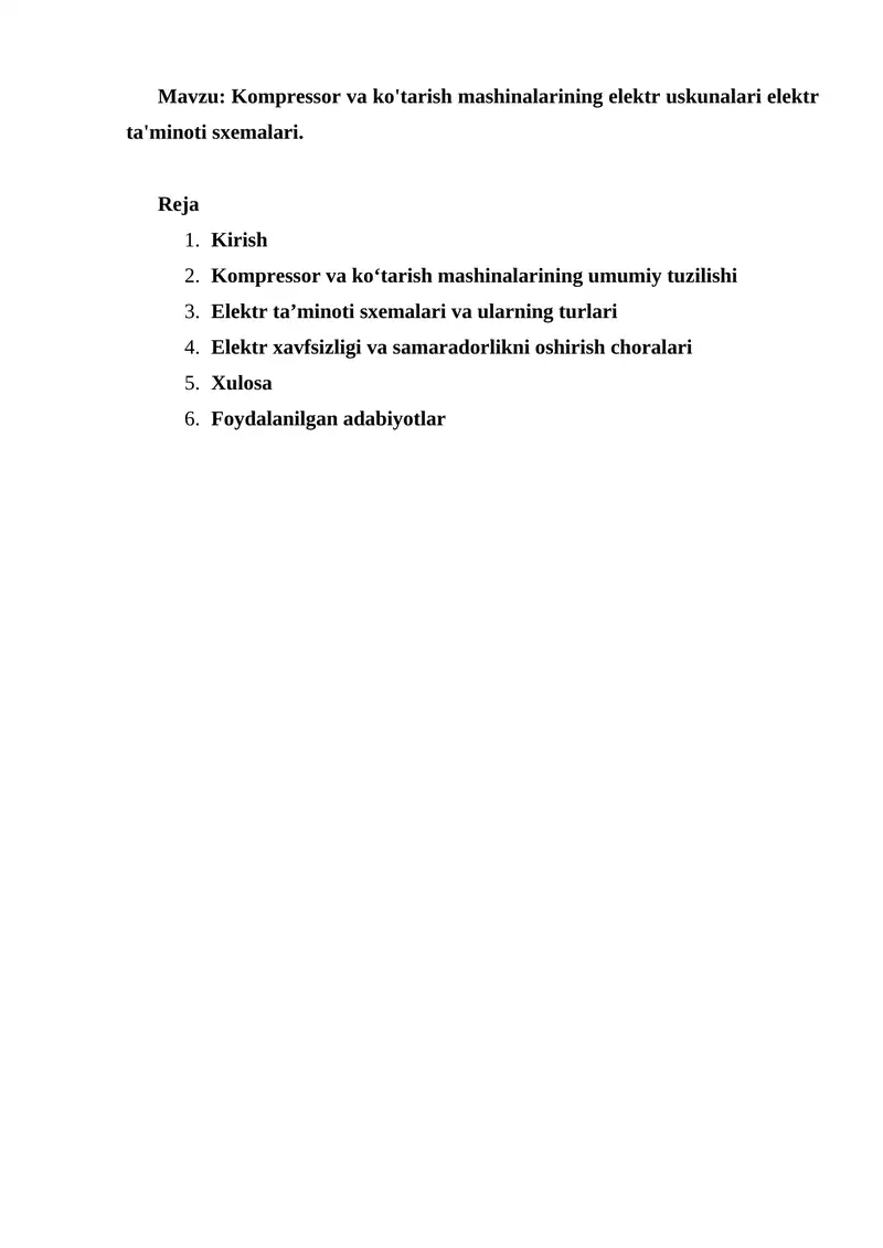 Elektr ta‘minoti sxemalari va kompressor mashinalari