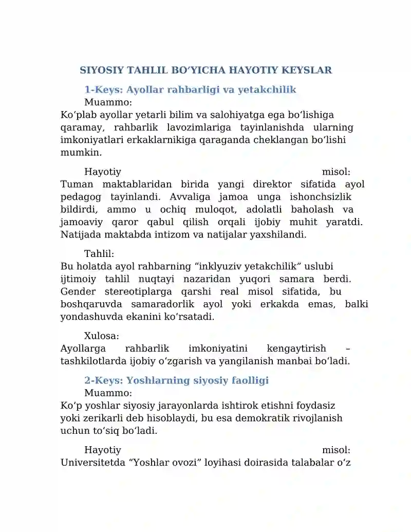 SIYOSIY TAHLIL BO‘YICHA HAYOTIY KEYSLAR