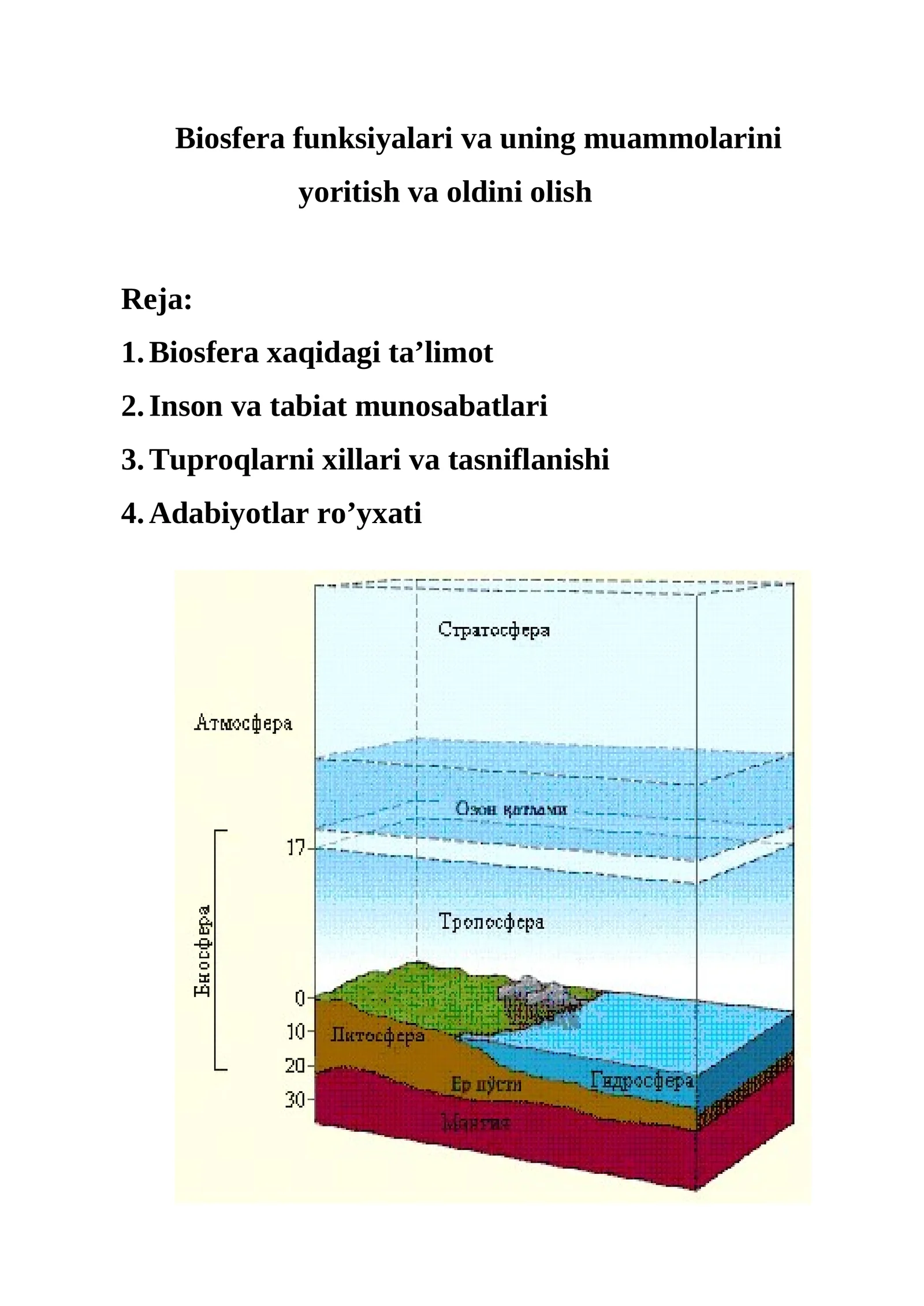 Biosfera funksiyalari va uning muammolarini yoritish va oldini olish