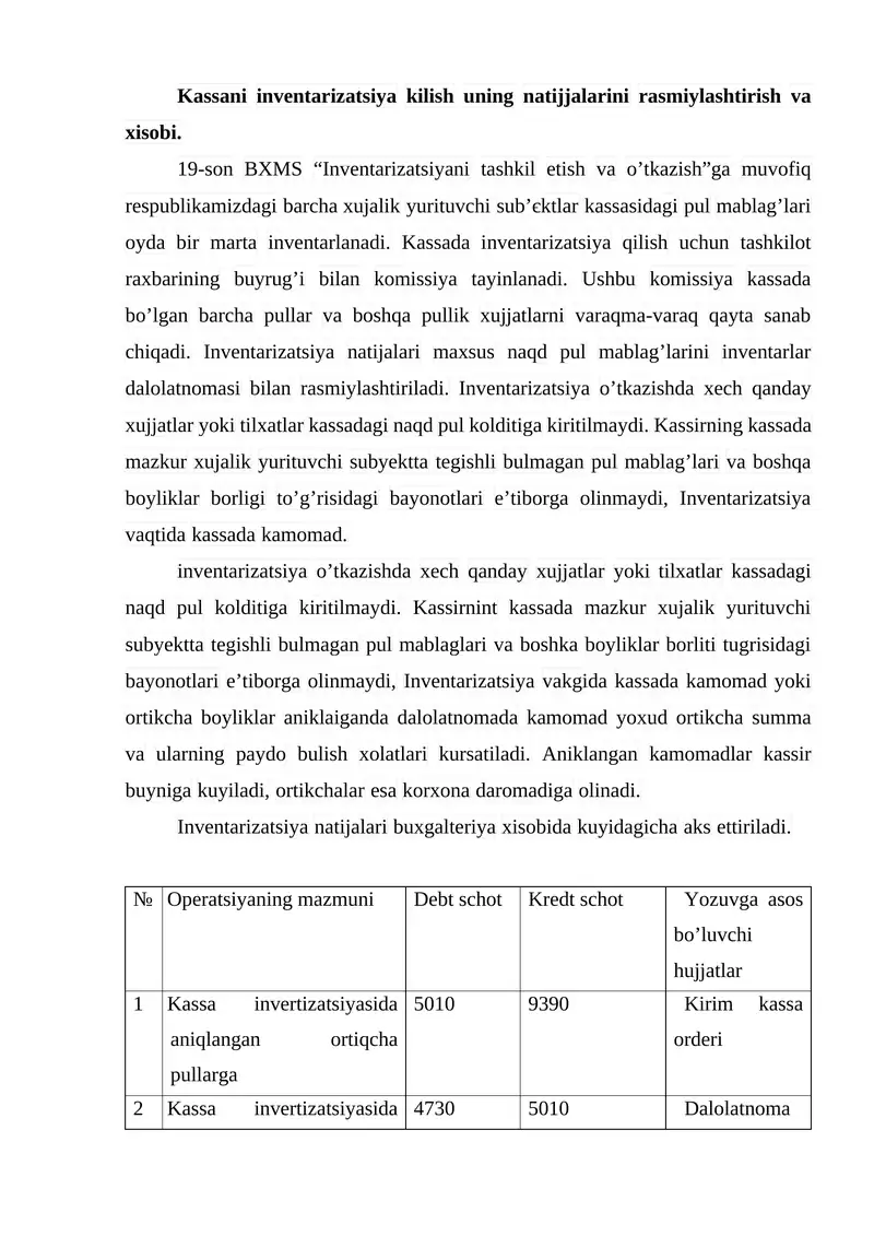 Kassani inventarizatsiya qilish uning natijjalarini rasmiylashtirish va xisobi.