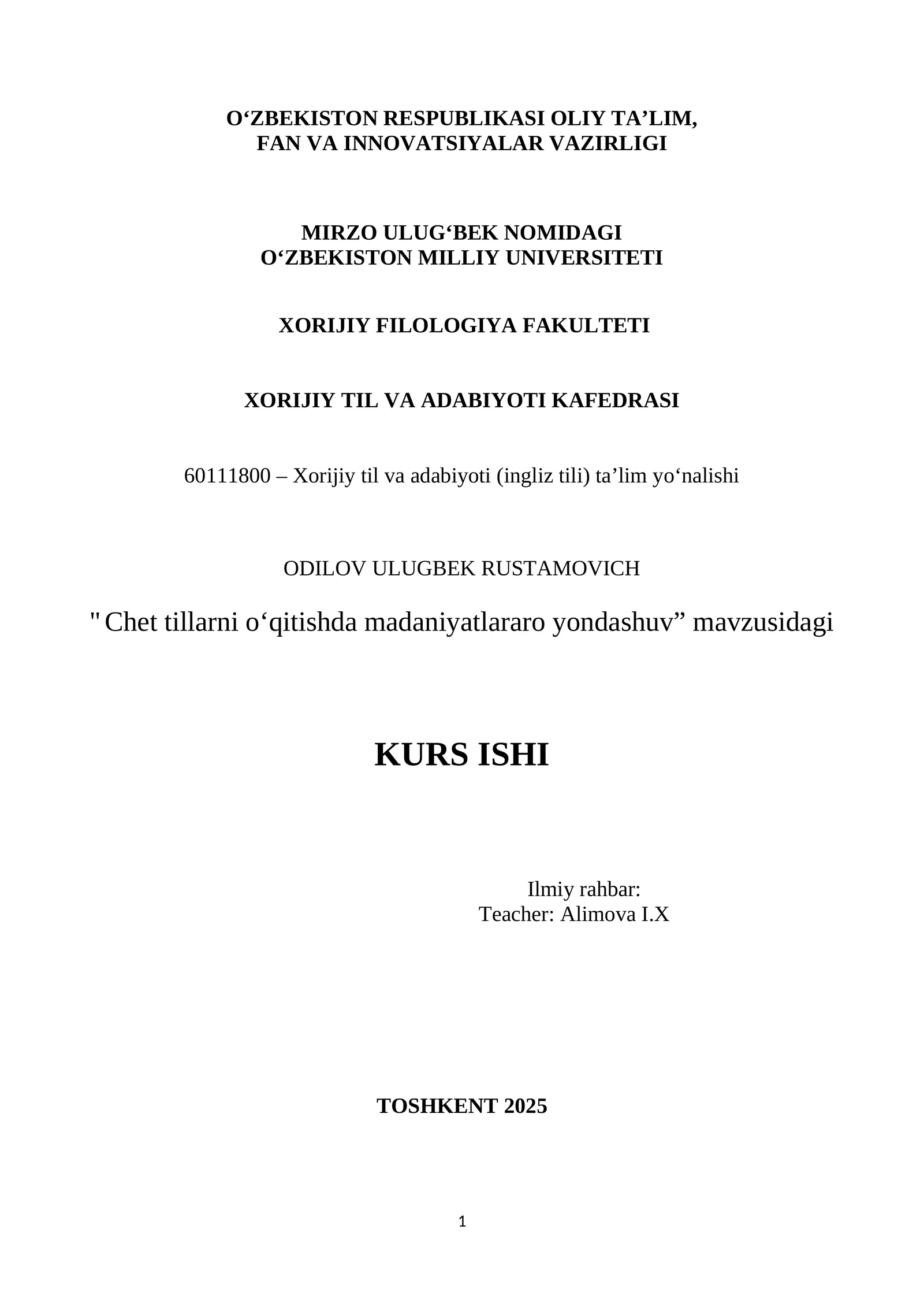 " Chet tillarni o‘qitishda madaniyatlararo yondashuv” mavzusidagi KURS ISHI