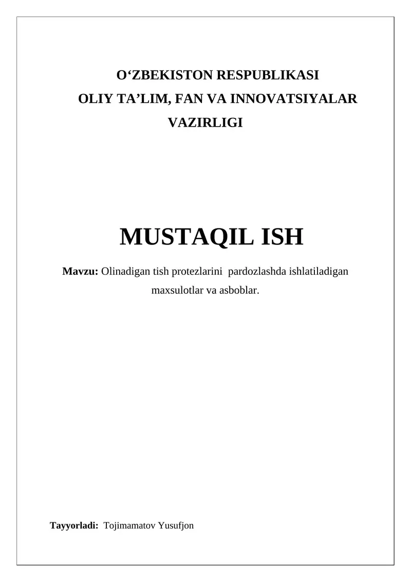 Olinadigan tish protezlarini pardozlashda ishlatiladigan maxsulotlar va asboblar