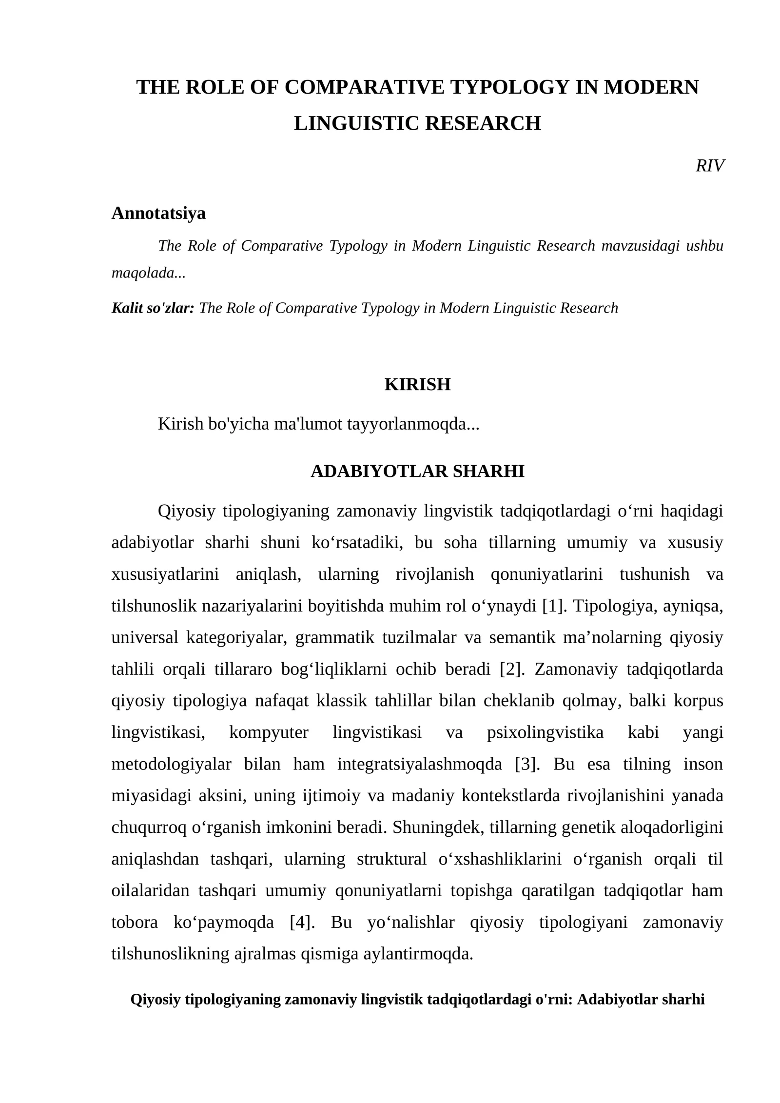 THE ROLE OF COMPARATIVE TYPOLOGY IN MODERN LINGUISTIC RESEARCH