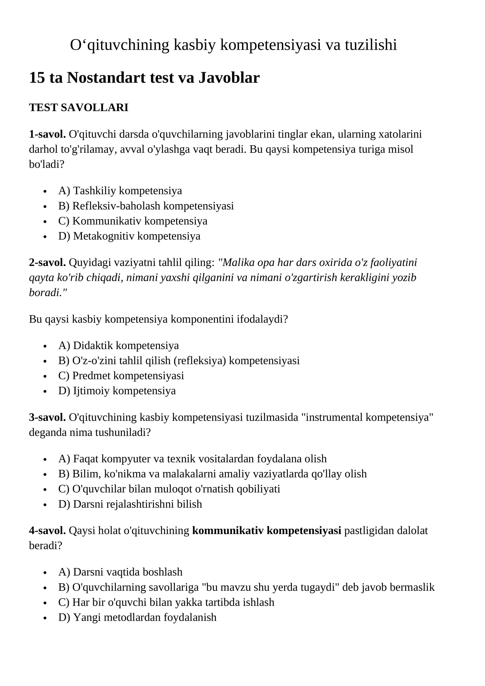 O‘qituvchining kasbiy kompetensiyasi va tuzilishi