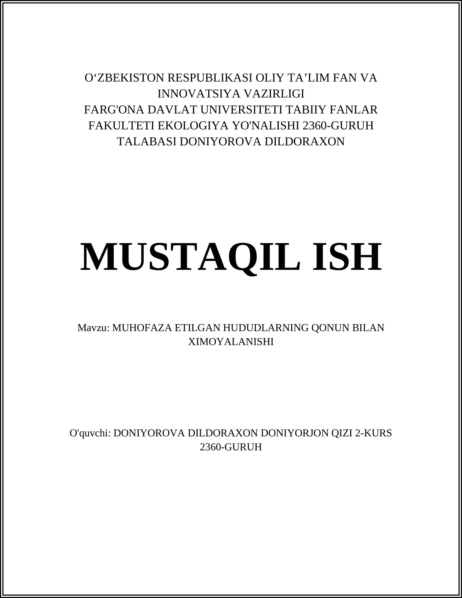 MUHOFAZA ETILGAN HUDUDLARNING QONUN BILAN XIMOYALANISHI