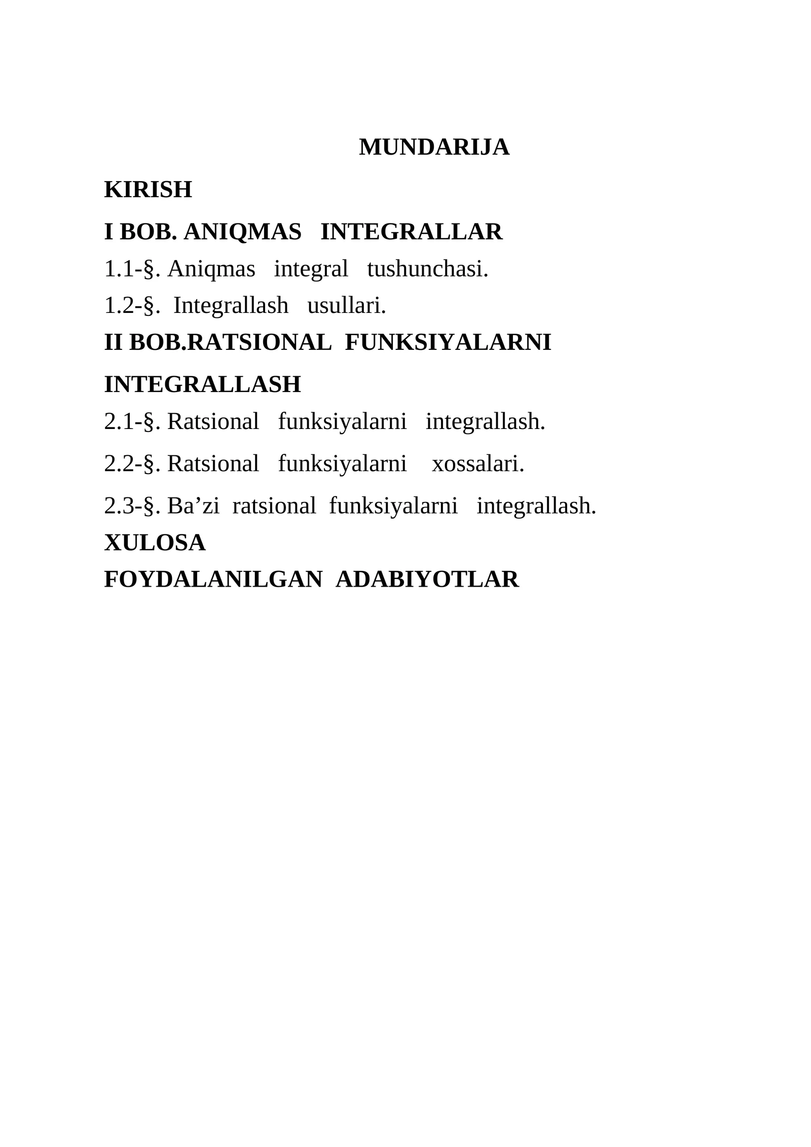 Aniqmas integral va ratsional funksiyalarni integrallash