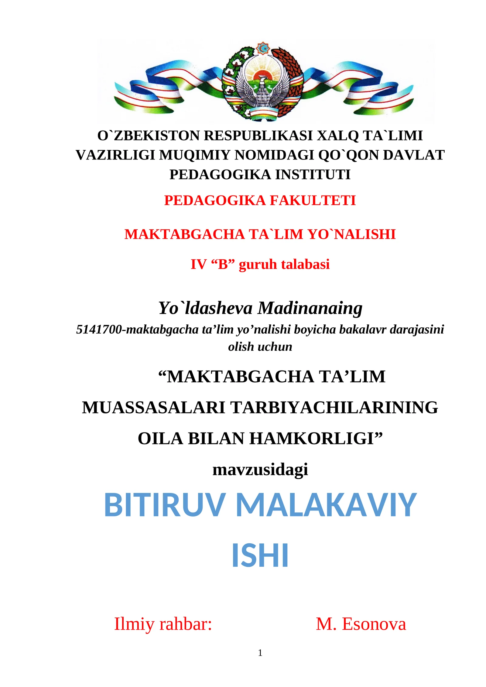 MAKTABGACHA TA’LIM MUASSASALARI  TARBIYACHILARINING OILA BILAN HAMKORLIGI