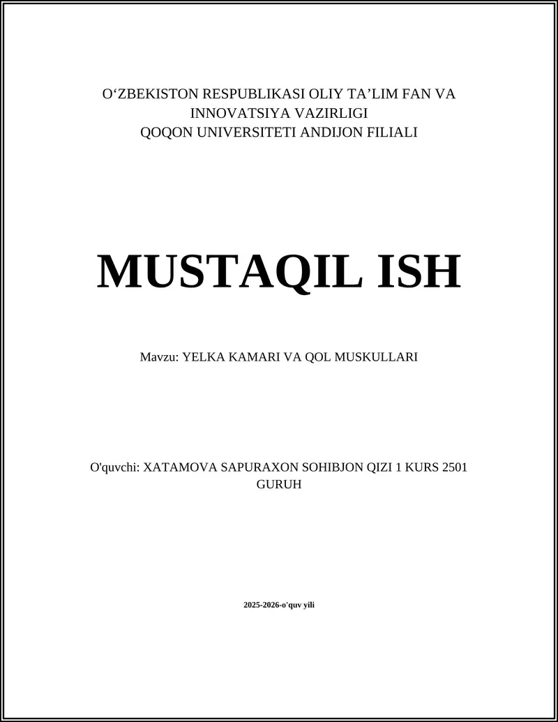 YELKA KAMARI VA QOL MUSKULLARI