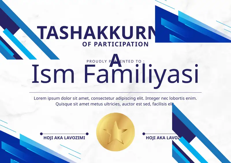 TASHAKKURNOMA shablon tayyori andoza