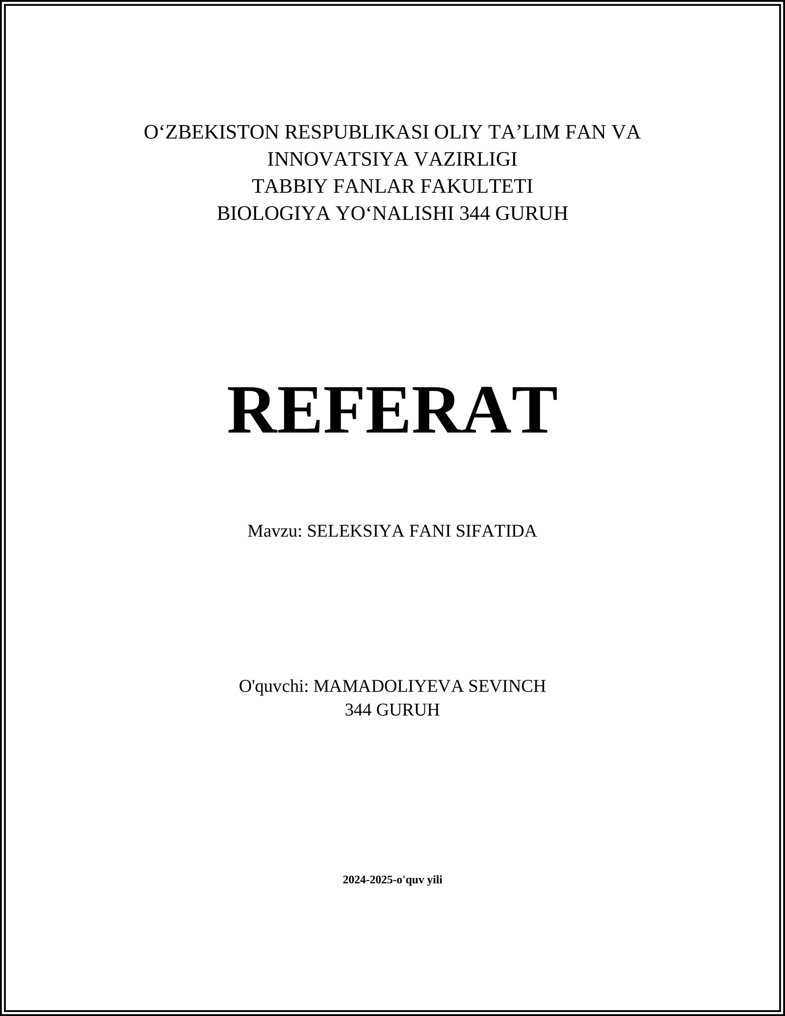 SELEKSIYA FANI SIFATIDA