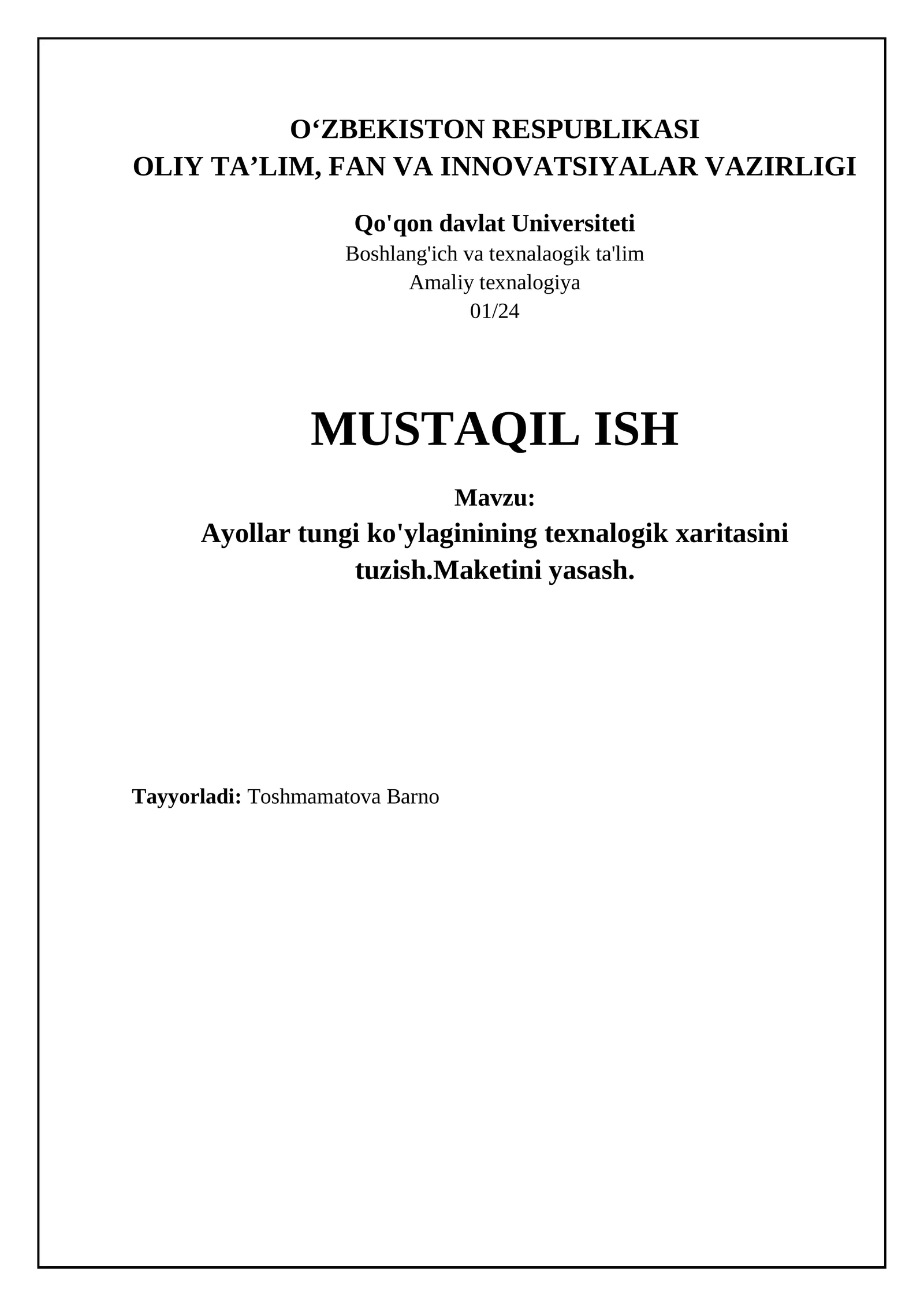 Ayollar tungi ko'ylagi texnologik xaritasi va maketi