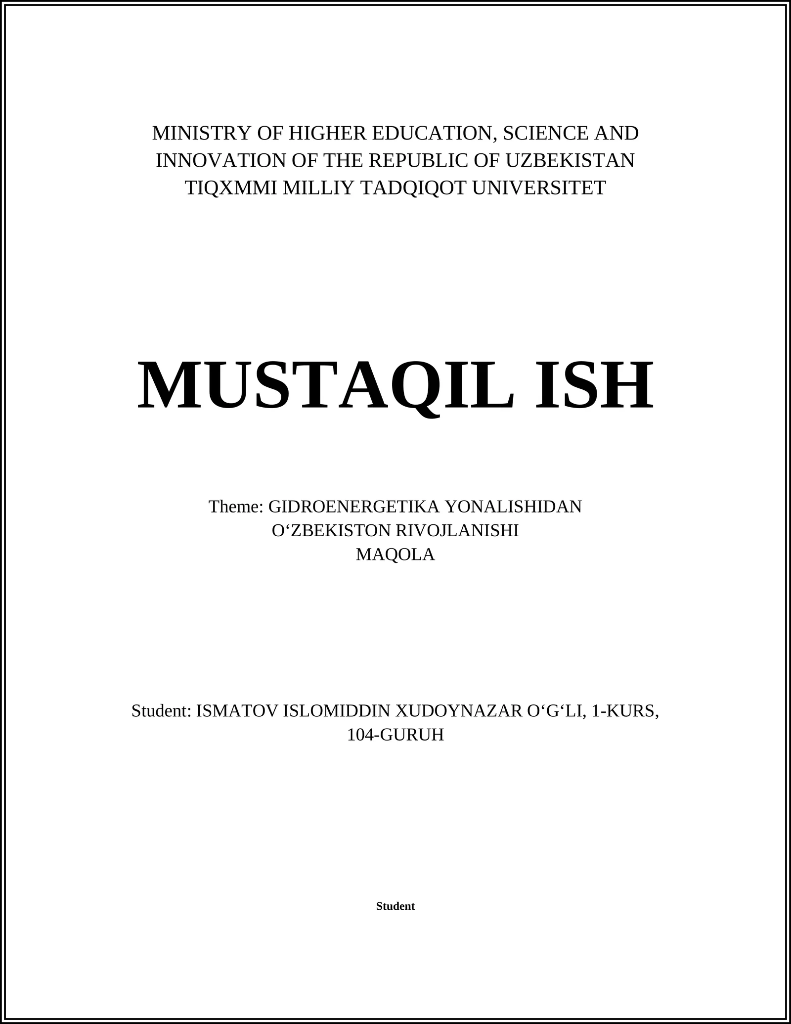 GIDROENERGETIKA YONALISHIDAN MAQOLA