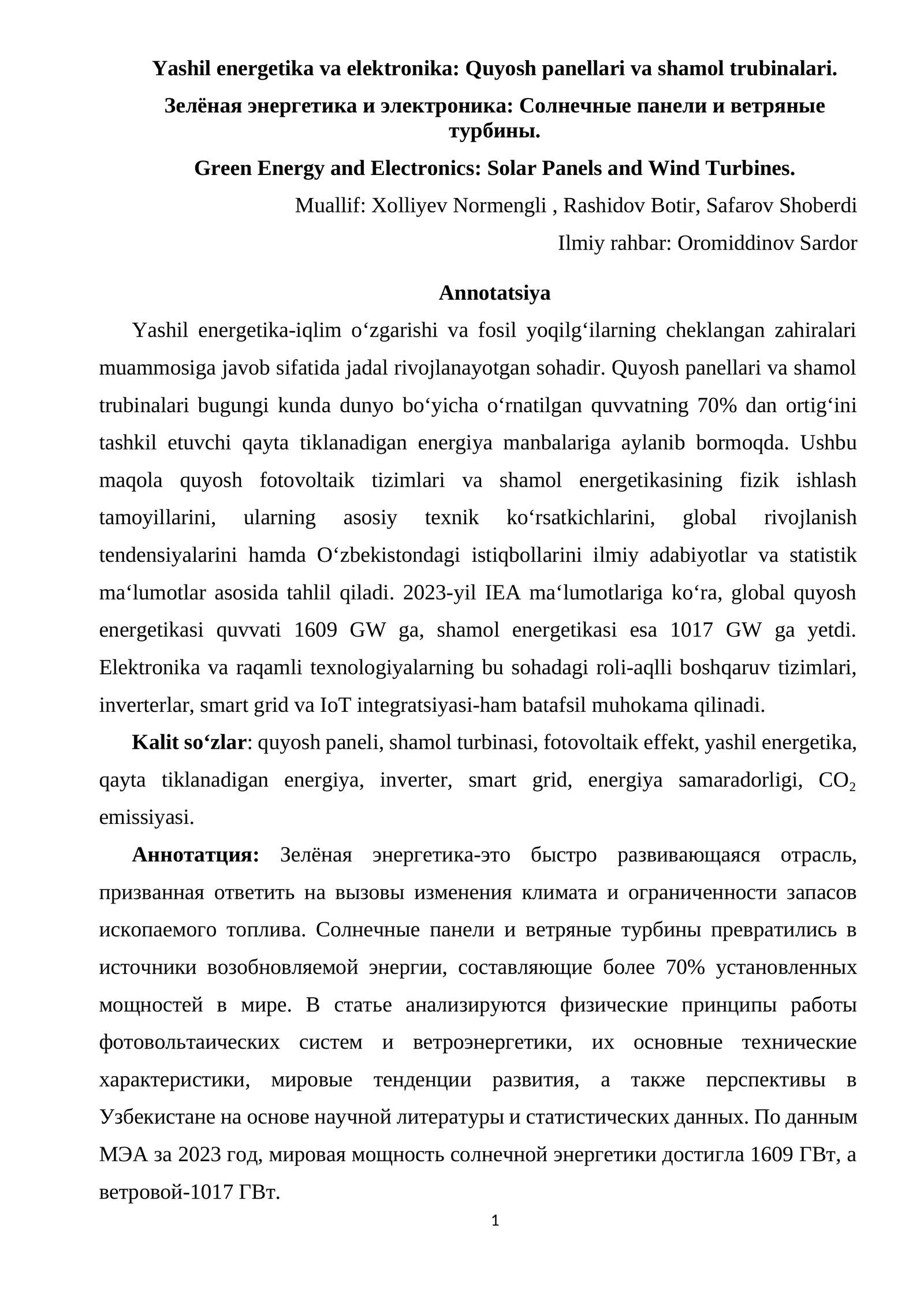 Yashil energetika va elektronika: Quyosh panellari va shamol trubinalari