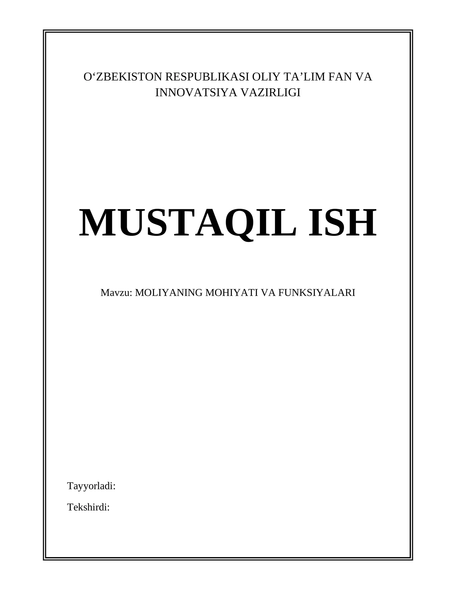 MOLIYANING MOHIYATI VA FUNKSIYALARI