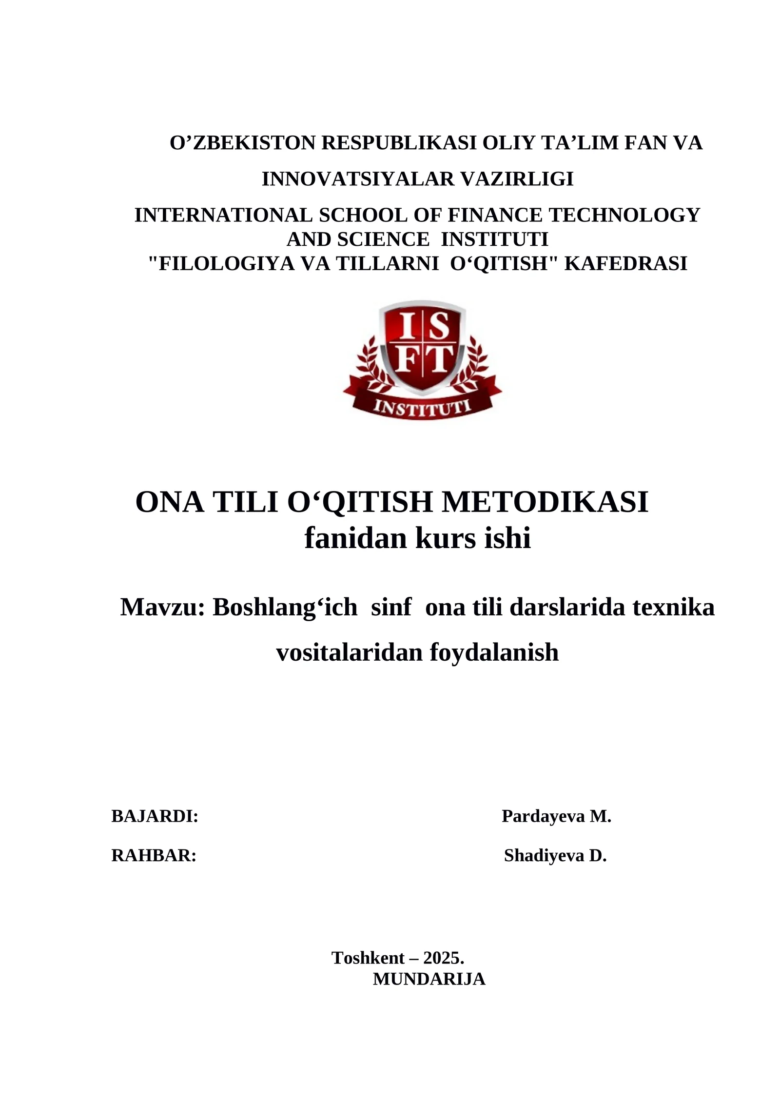 Boshlang‘ich sinf ona tili darslarida texnika vositalaridan foydalanish. KURS ISHI