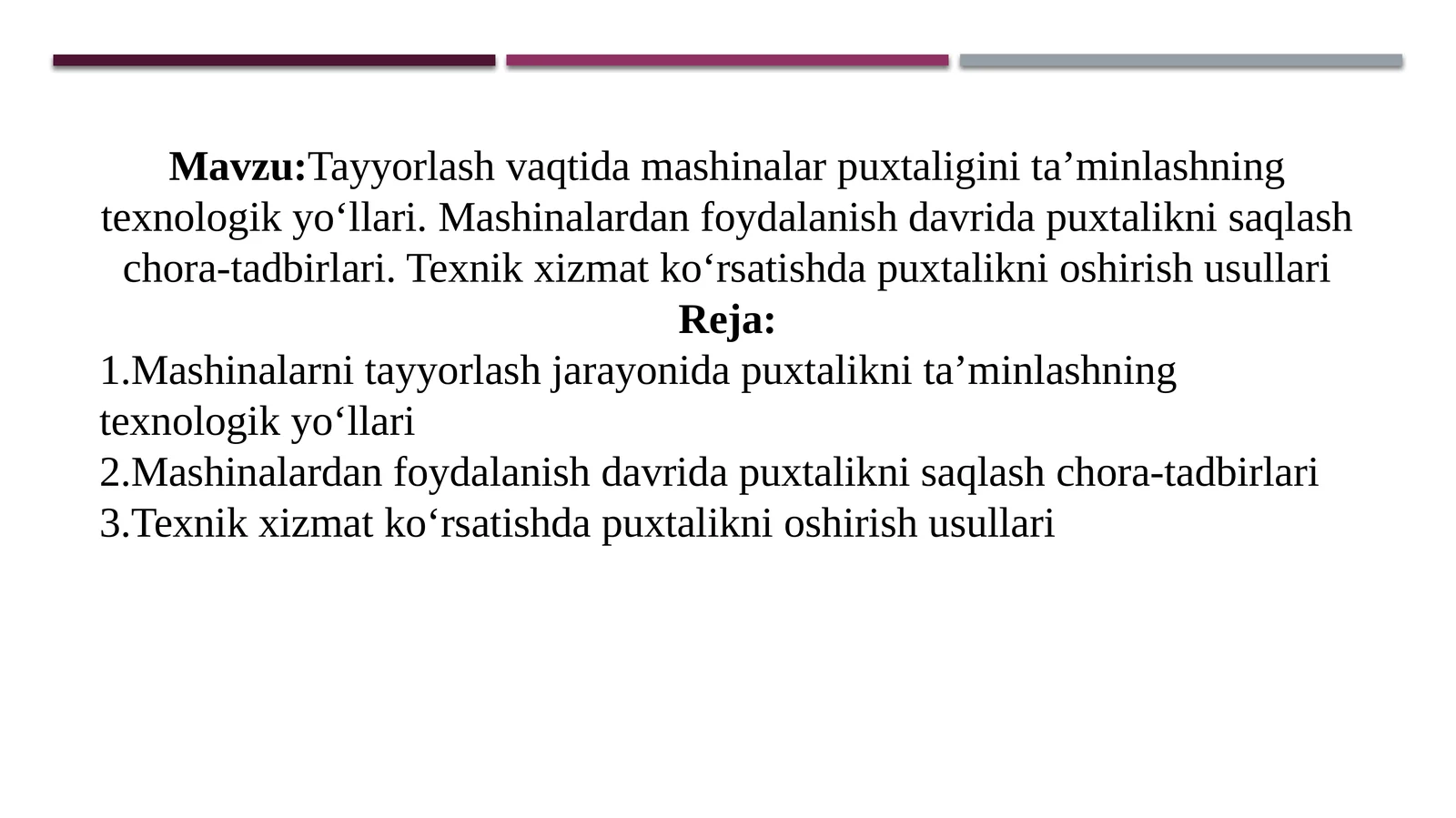 Tayyorlash vaqtida mashinalar puxtaligini ta'minlashning texnologik yo'llari. Mashinalardan foydalanish davrida puxtalikni saqlash chora-tadbirlari. Texnik xizmat ko'rsatishda puxtalikni oshirish usullari
