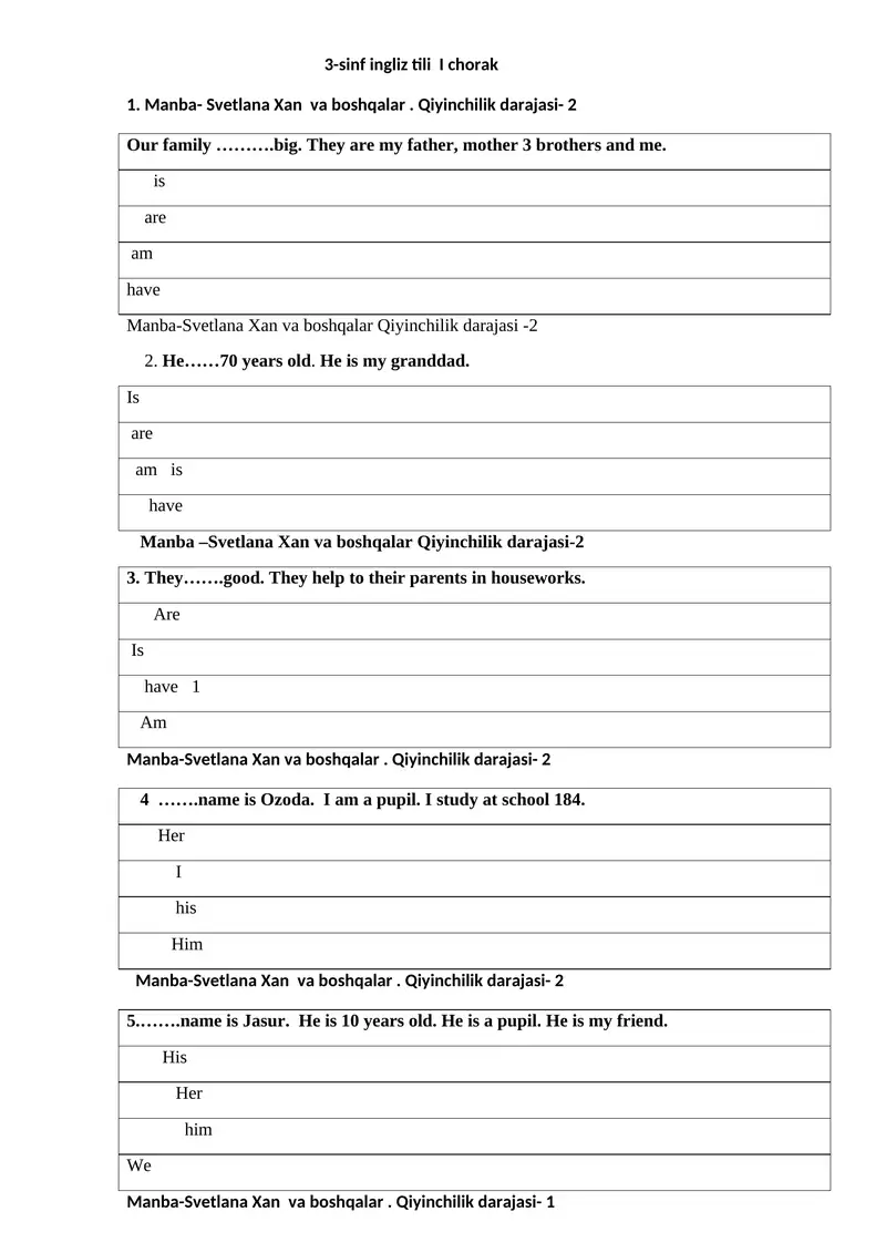 3-sinf ingliz tili I chorak