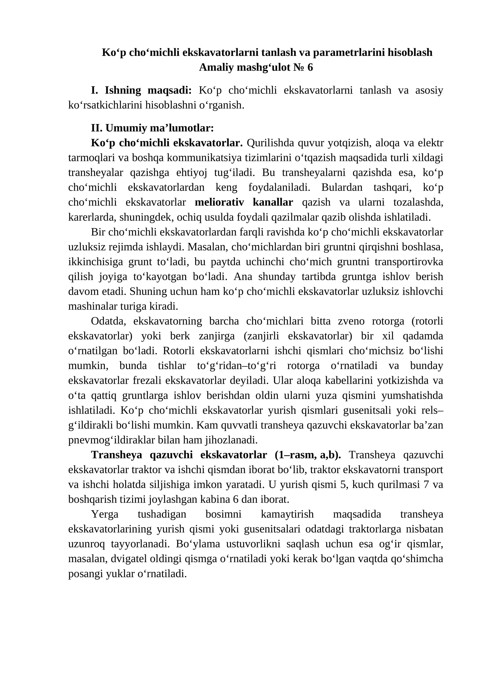 Ko‘p cho‘michli ekskavatorlarni tanlash va parametrlarini hisoblash