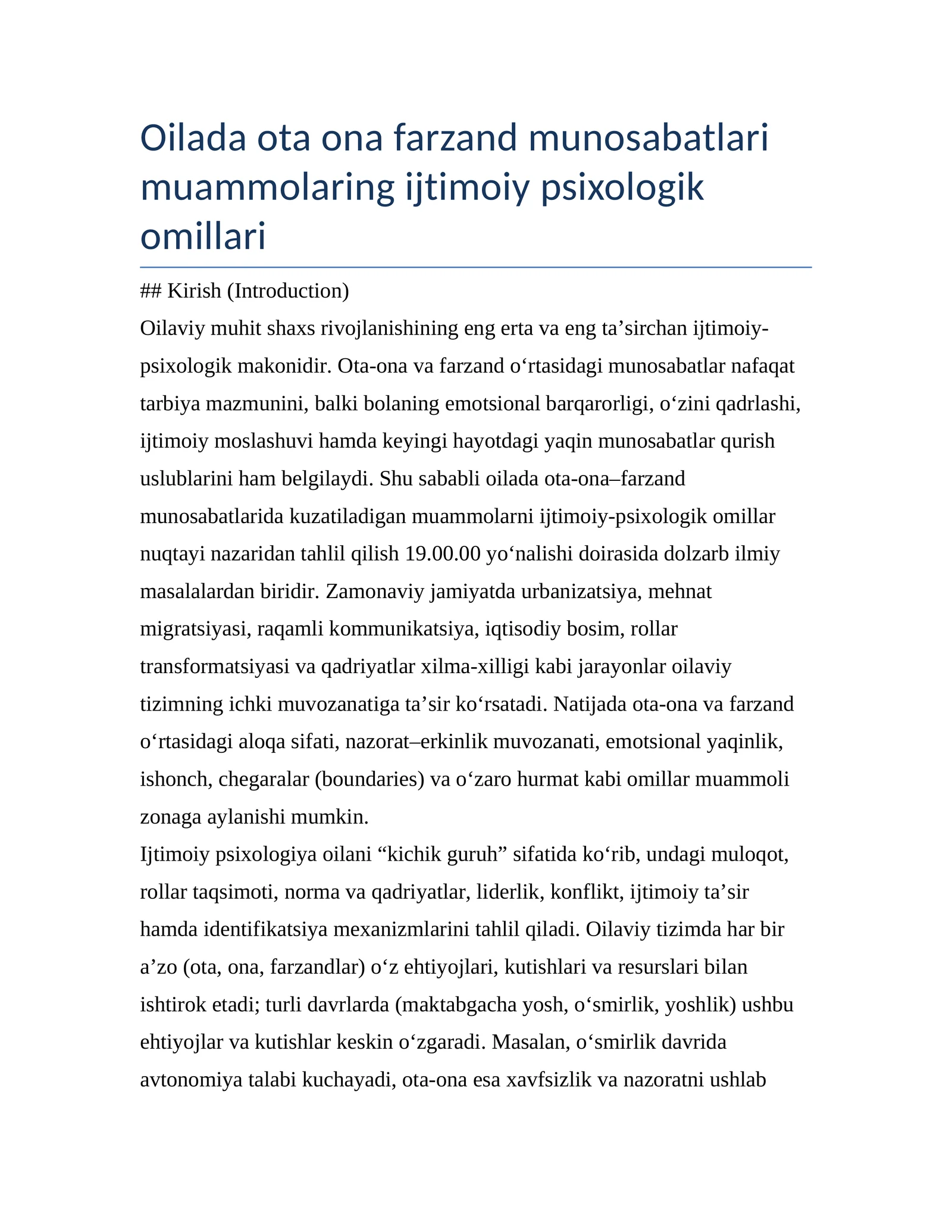 Oilada ota ona farzand munosabatlari muammolaring ijtimoiy psixologik omillari