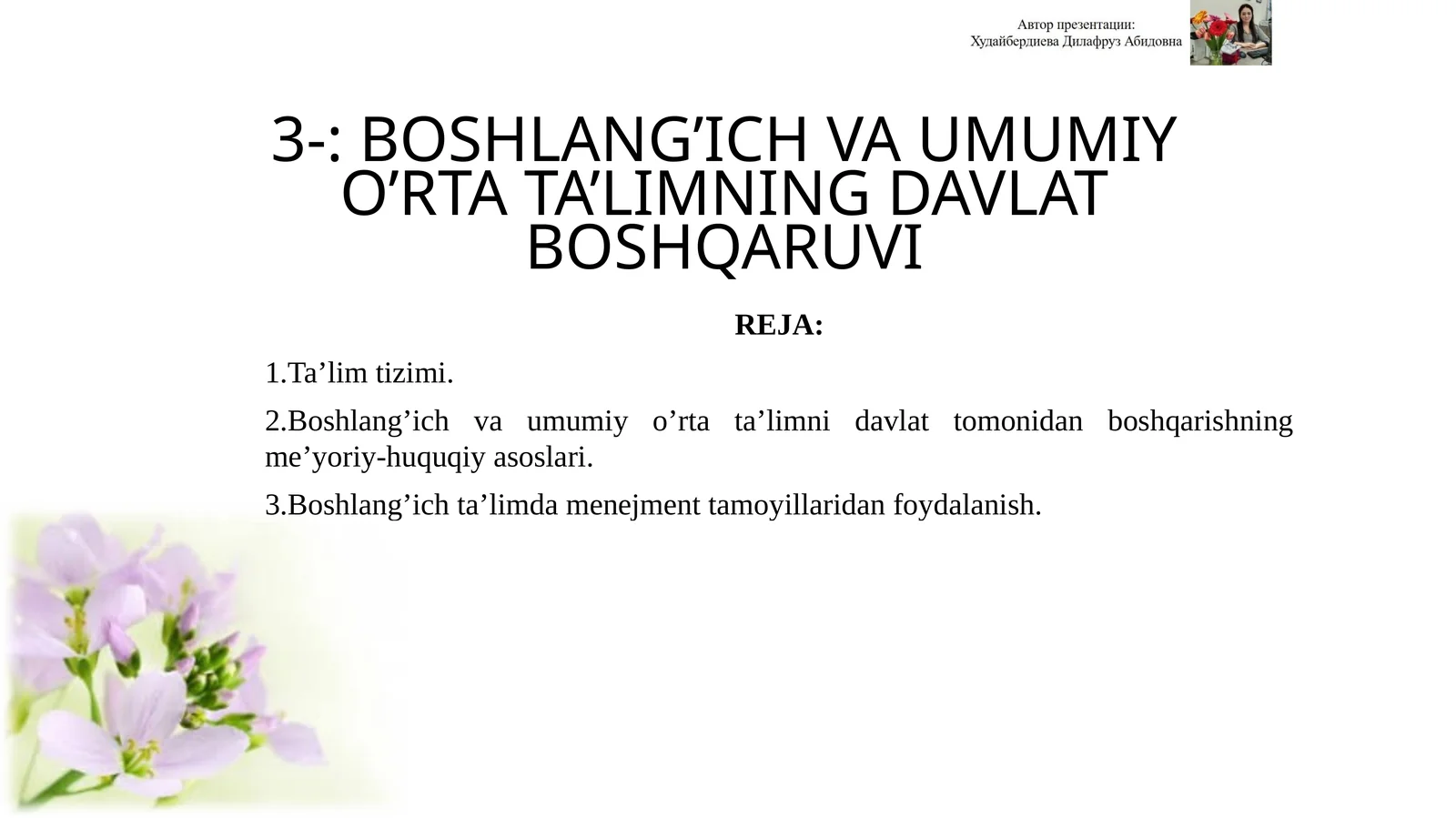BOSHLANG’ICH VA UMUMIY O’RTA TA’LIMNING DAVLAT BOSHQARUVI
