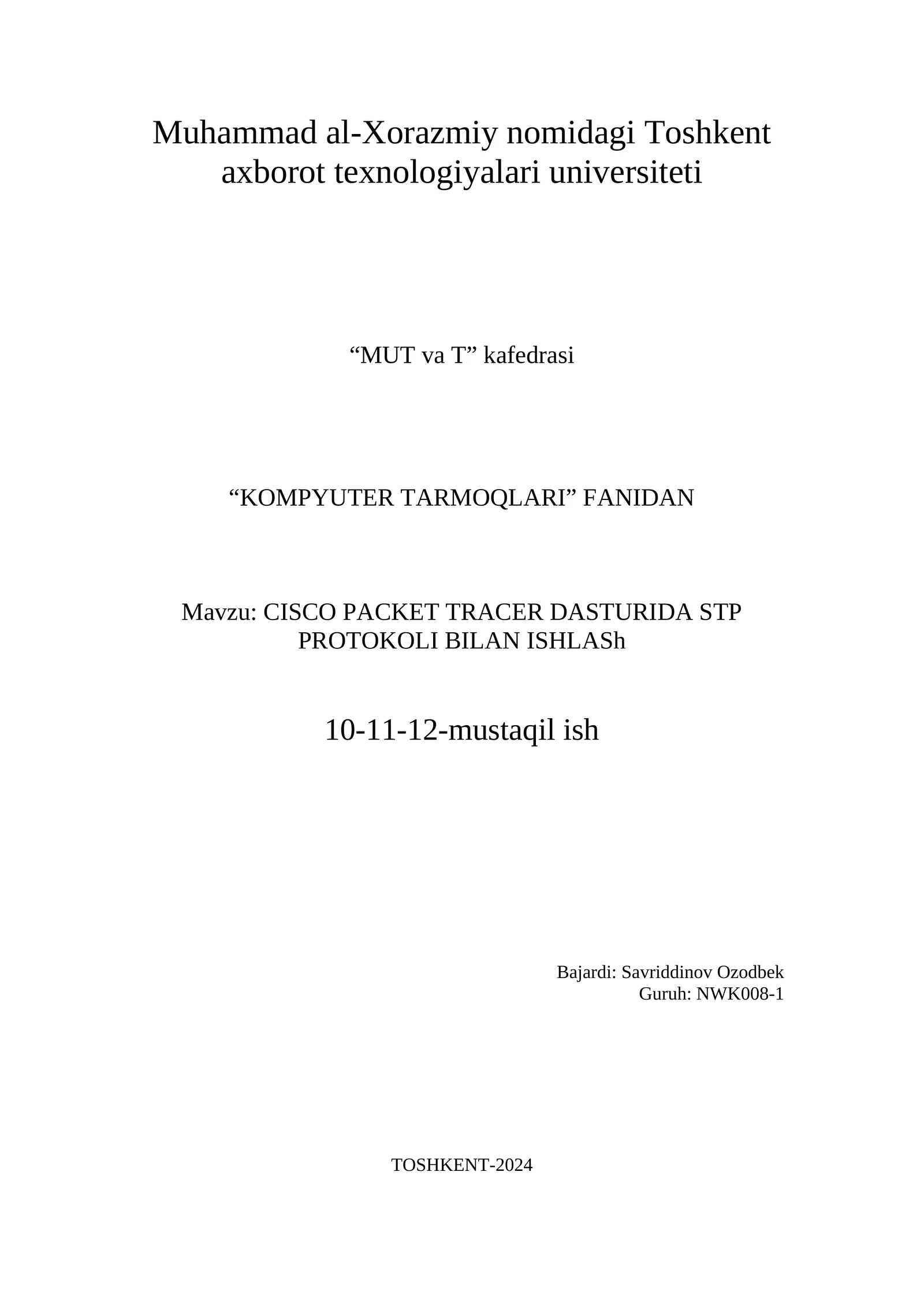 CISCO PACKET TRACER DASTURIDA STP PROTOKOLI BILAN ISHLASh