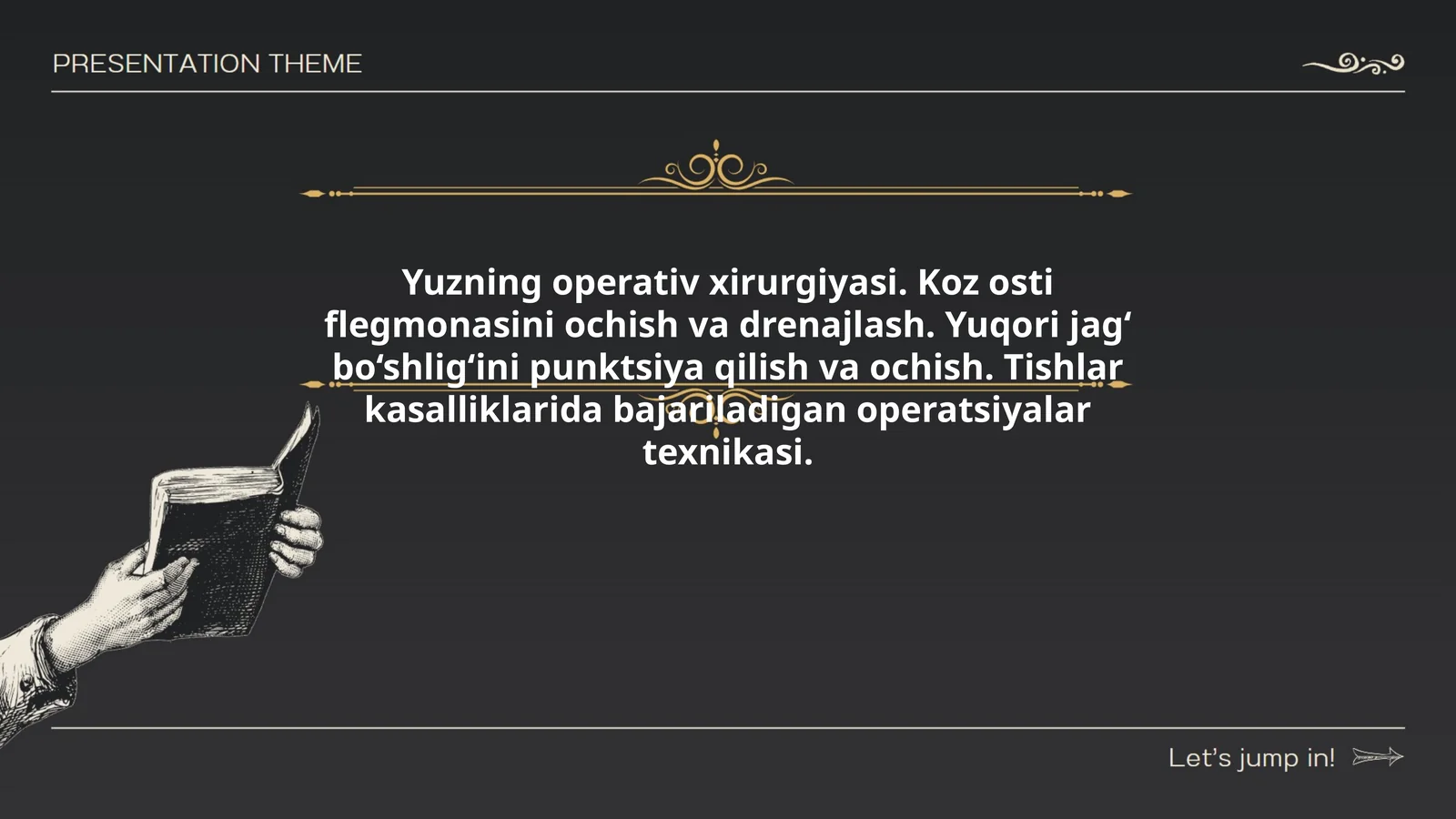 Yuzning operativ xirurgiyasi. Koz osti flegmonasini ochish va drenajlash. Yuqori jag‘ bo‘shlig‘ini punktsiya qilish va ochish. Tishlar kasalliklarida bajariladigan operatsiyalar texnikasi