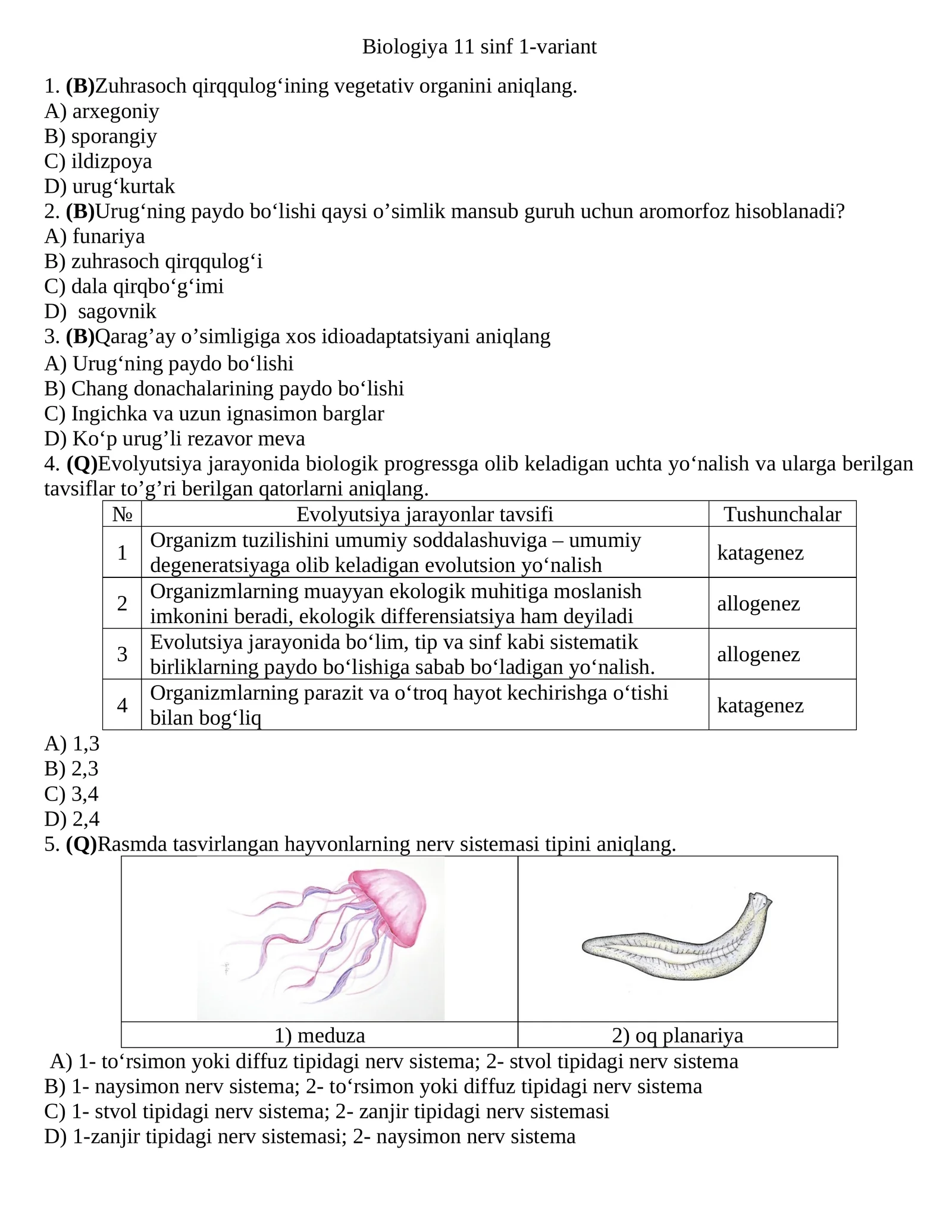 Biologiya 11 sinf 1-variant