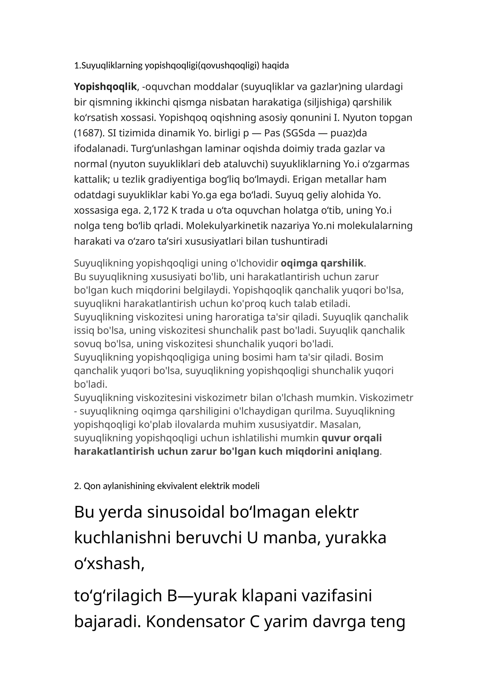 Suyuqliklarning yopishqoqligi(qovushqoqligi) haqida