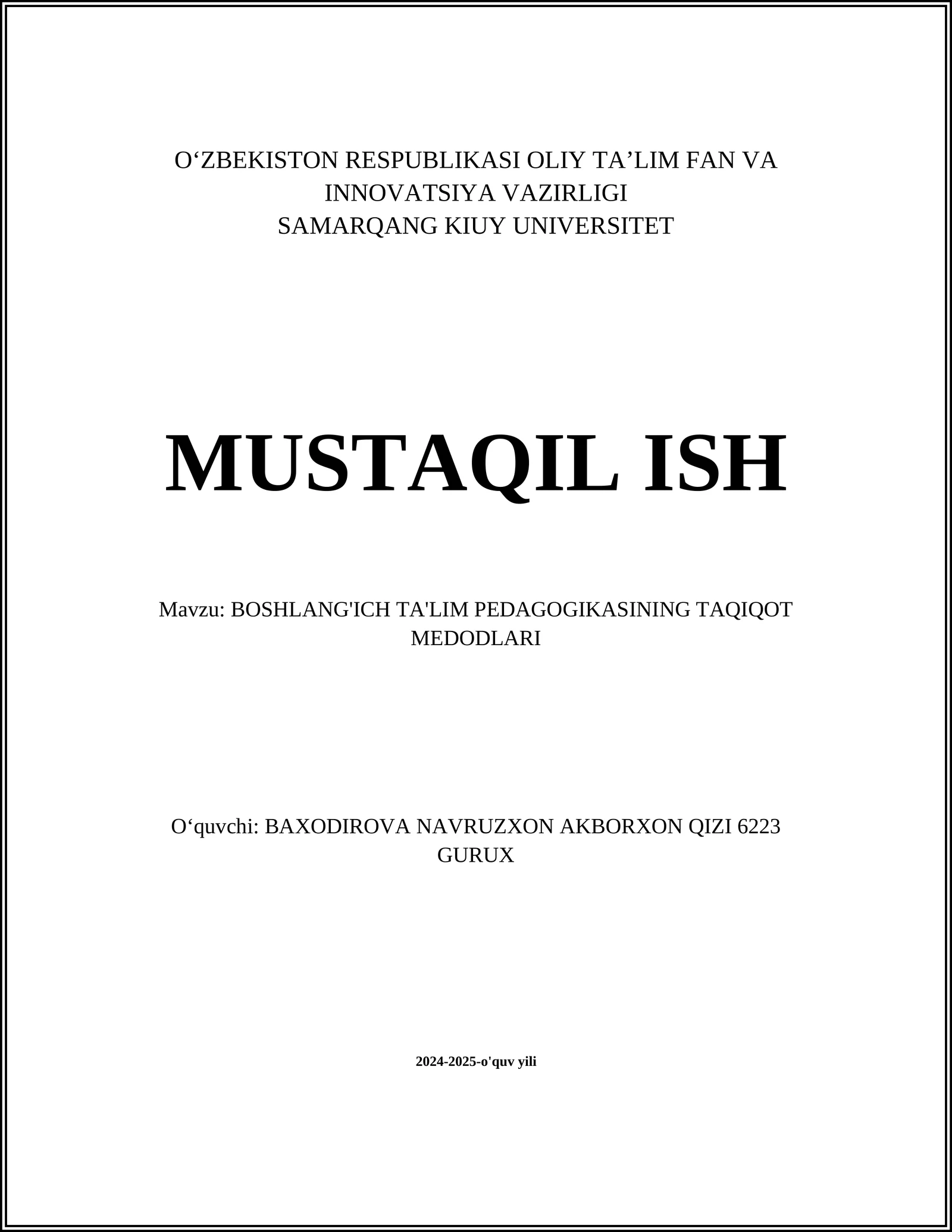 BOSHLANG'ICH TA'LIM PEDAGOGIKASINING TAQIQOT MEDODLARI