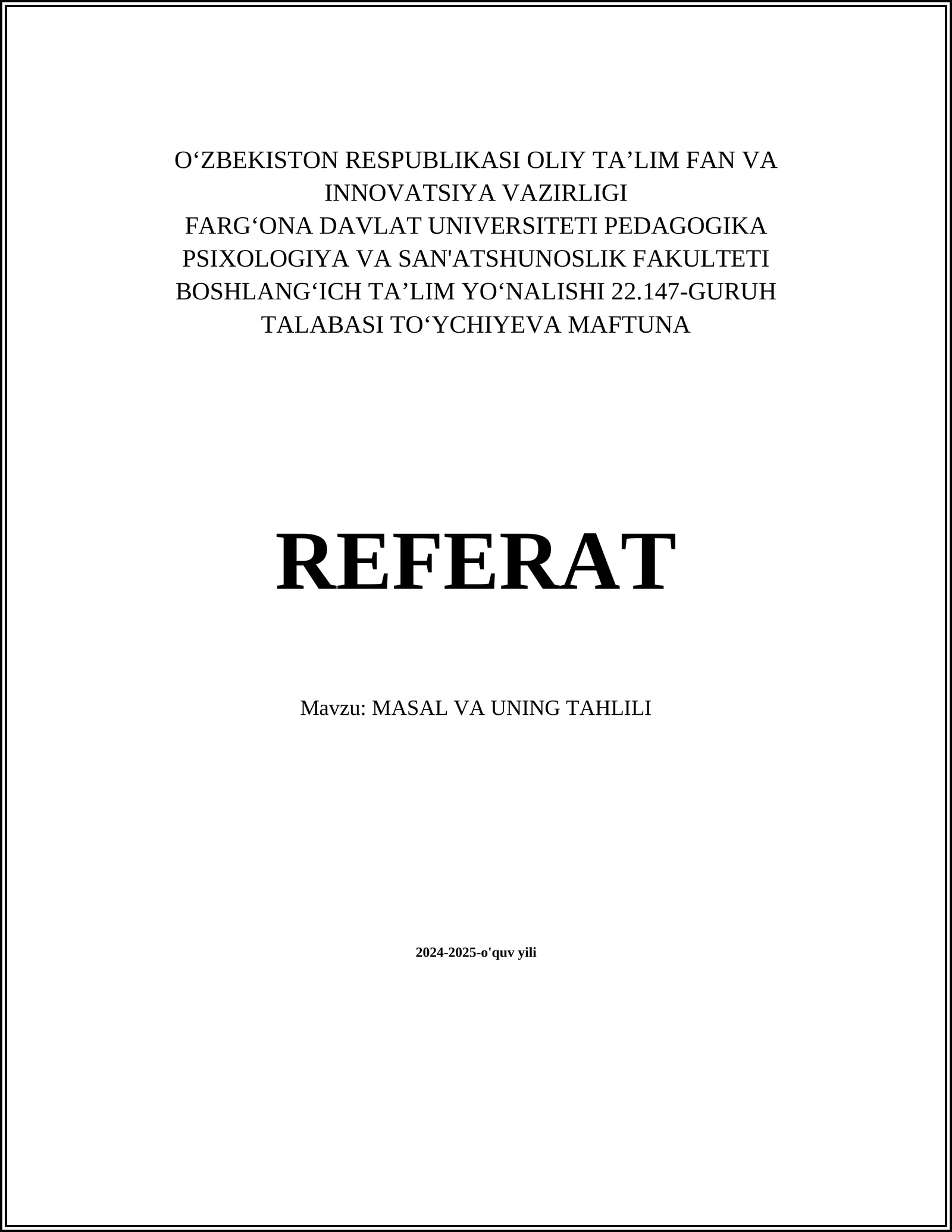 MASAL VA UNING TAHLILI