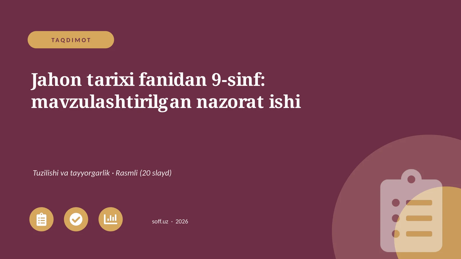 Jahon tarixi fanidan 9-sinf: mavzulashtirilgan nazorat ishi