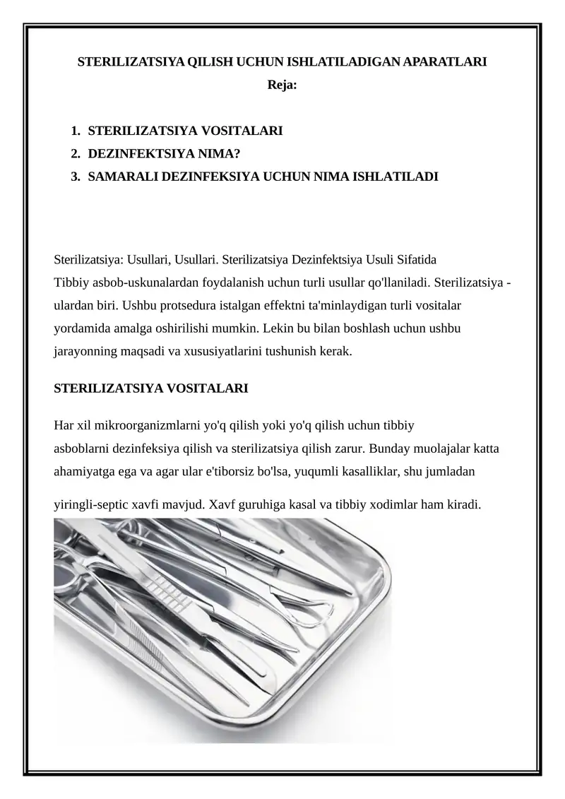 STERILIZATSIYA QILISH UCHUN ISHLATILADIGAN APARATLARI