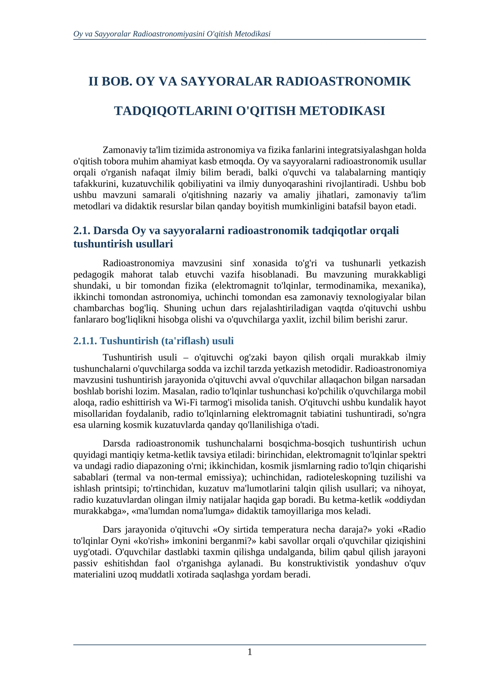 OY VA SAYYORALAR RADIOASTRONOMIK TADQIQOTLARINI O‘QITISH METODIKASI