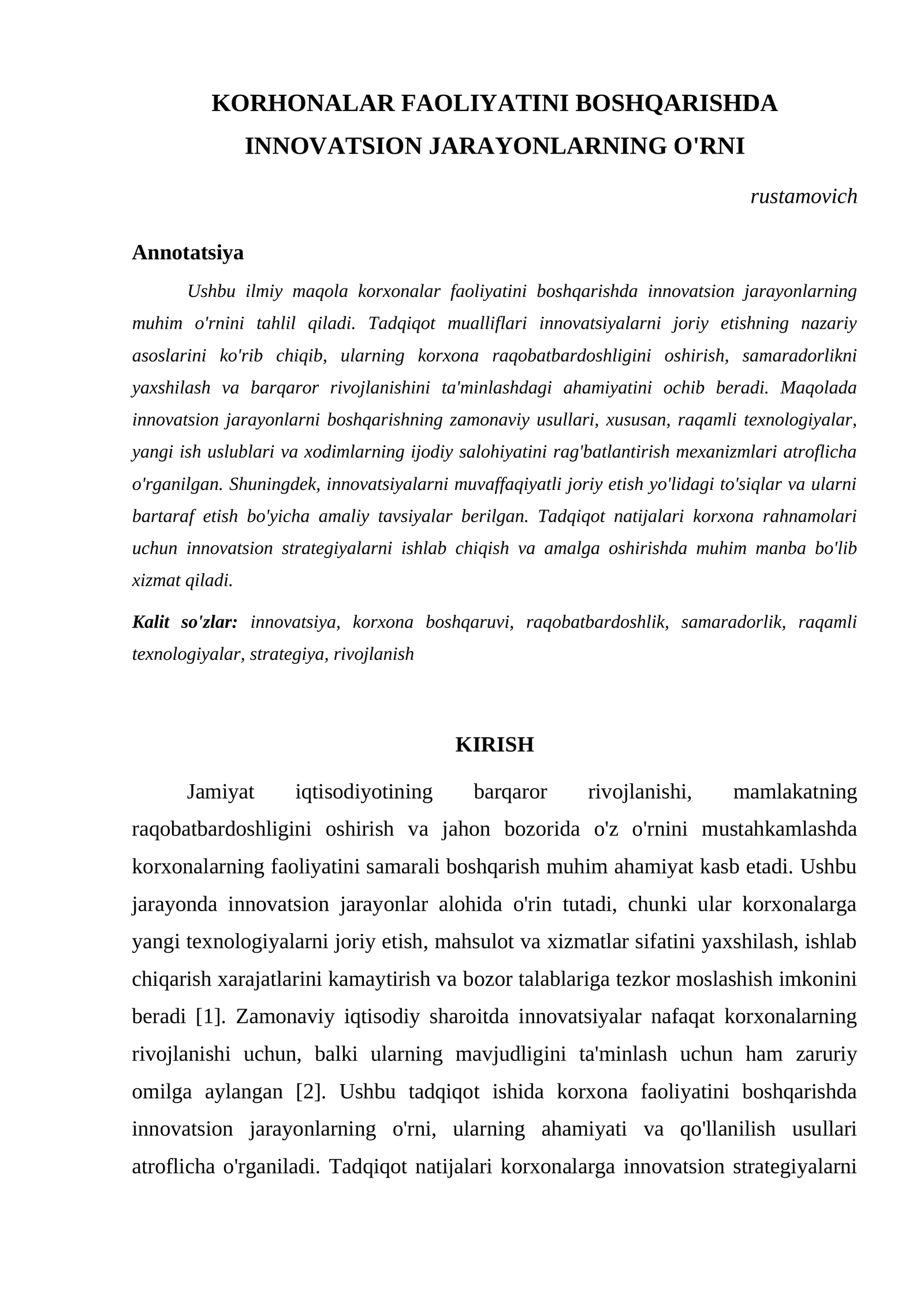 KORHONALAR FAOLIYATINI BOSHQARISHDA INNOVATSION JARAYONLARNING O'RNI