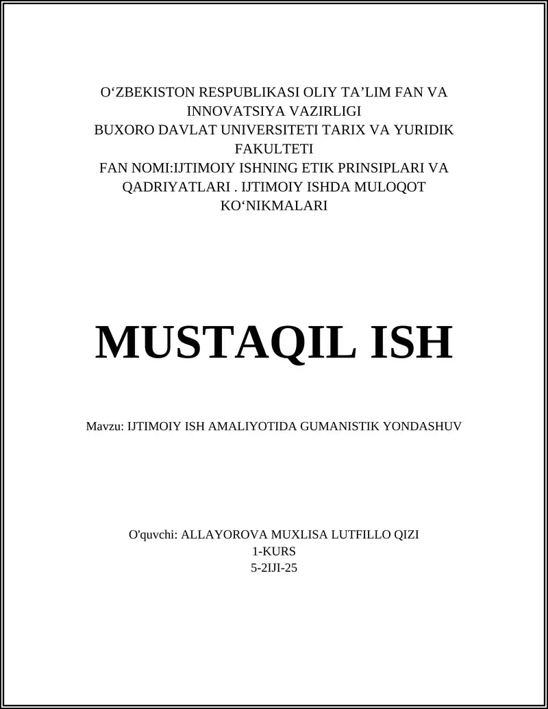 IJTIMOIY ISH AMALIYOTIDA GUMANISTIK YONDASHUV