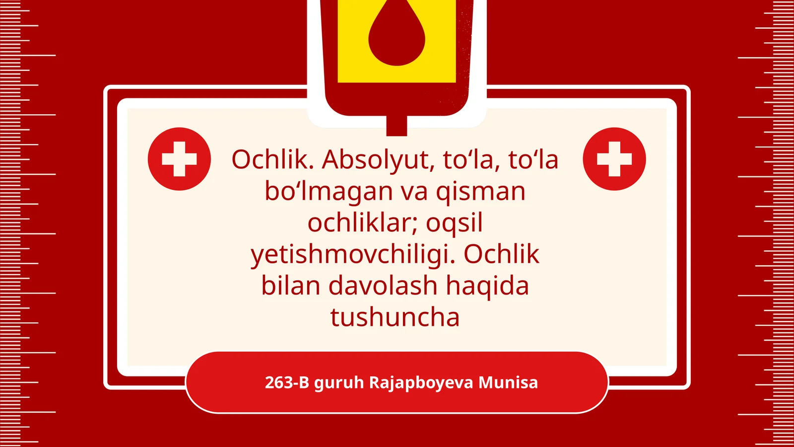 Ochlik. Absolyut, toʻla, toʻla boʻlmagan va qisman ochliklar; oqsil yetishmovchiligi. Ochlik bilan davolash haqida tushuncha