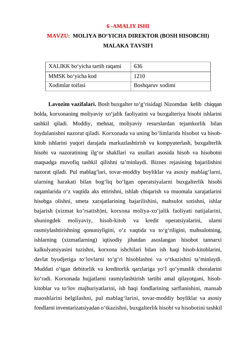 MOLIYA BО'YICHA DIREKTOR (BOSH HISOBCHI) MALAKA TAVSIFI