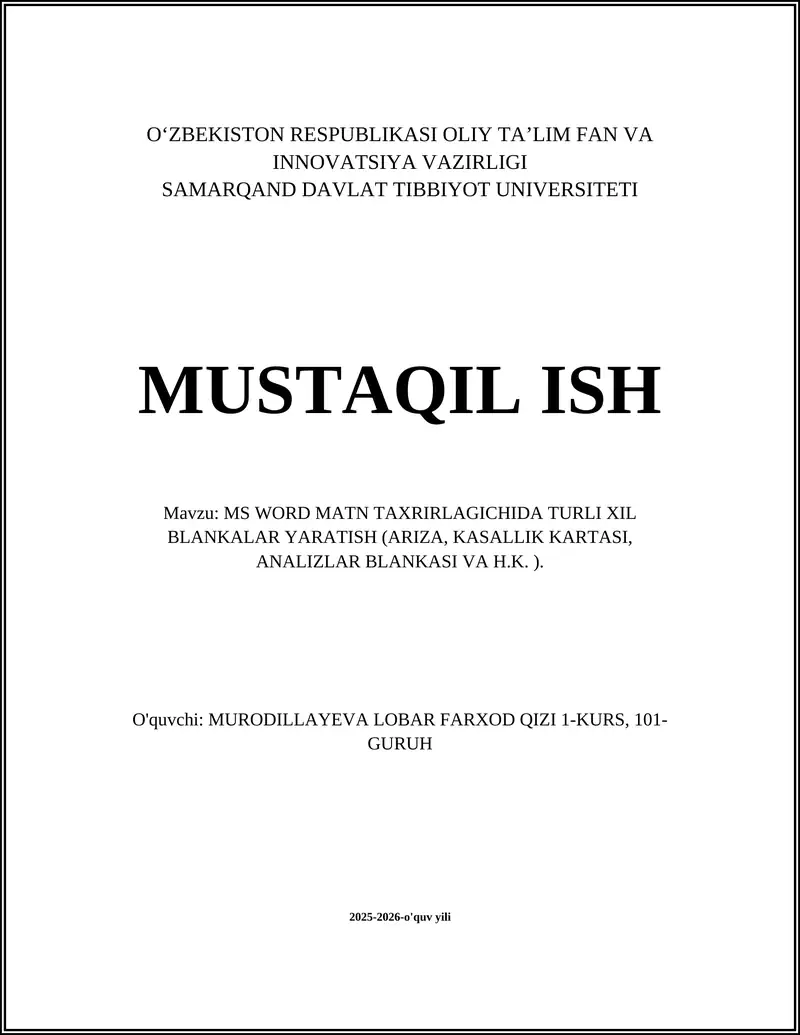 MS WORD MATN TAXRIRLAGICHIDA TURLI XIL BLANKALAR YARATISH