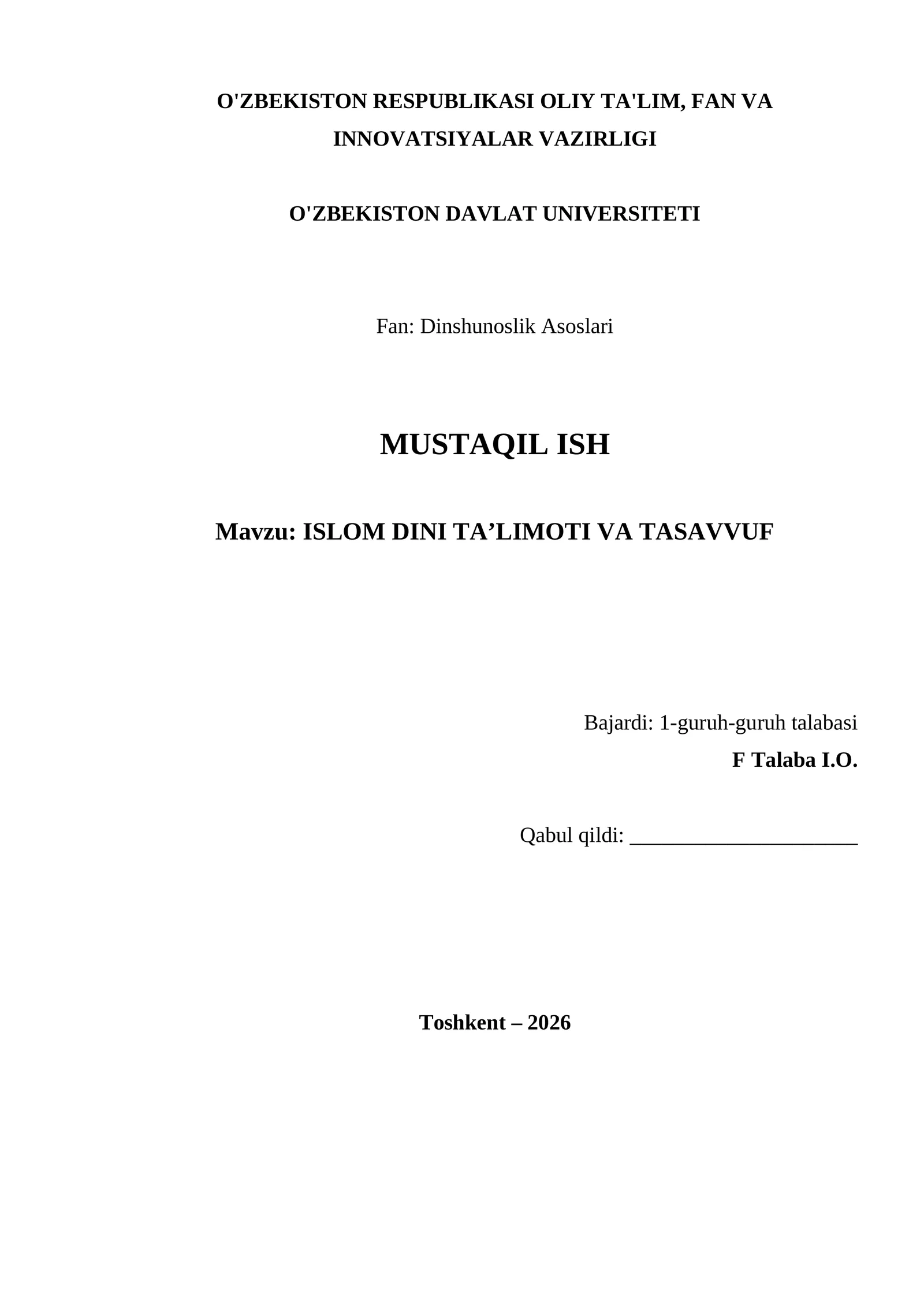 ISLOM DINI TA’LIMOTI VA TASAVVUF