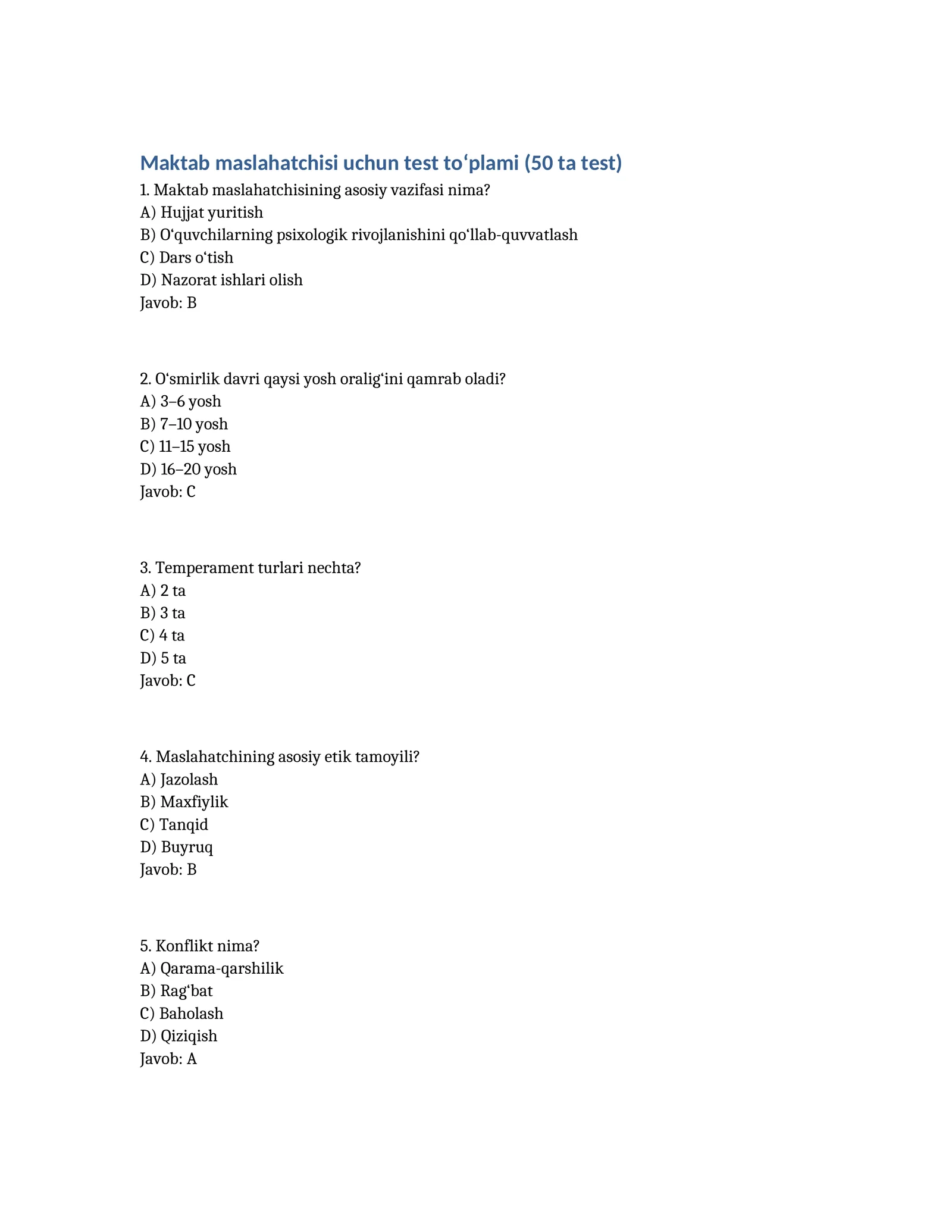 Maktab maslahatchisi uchun test to‘plami (50 ta test)