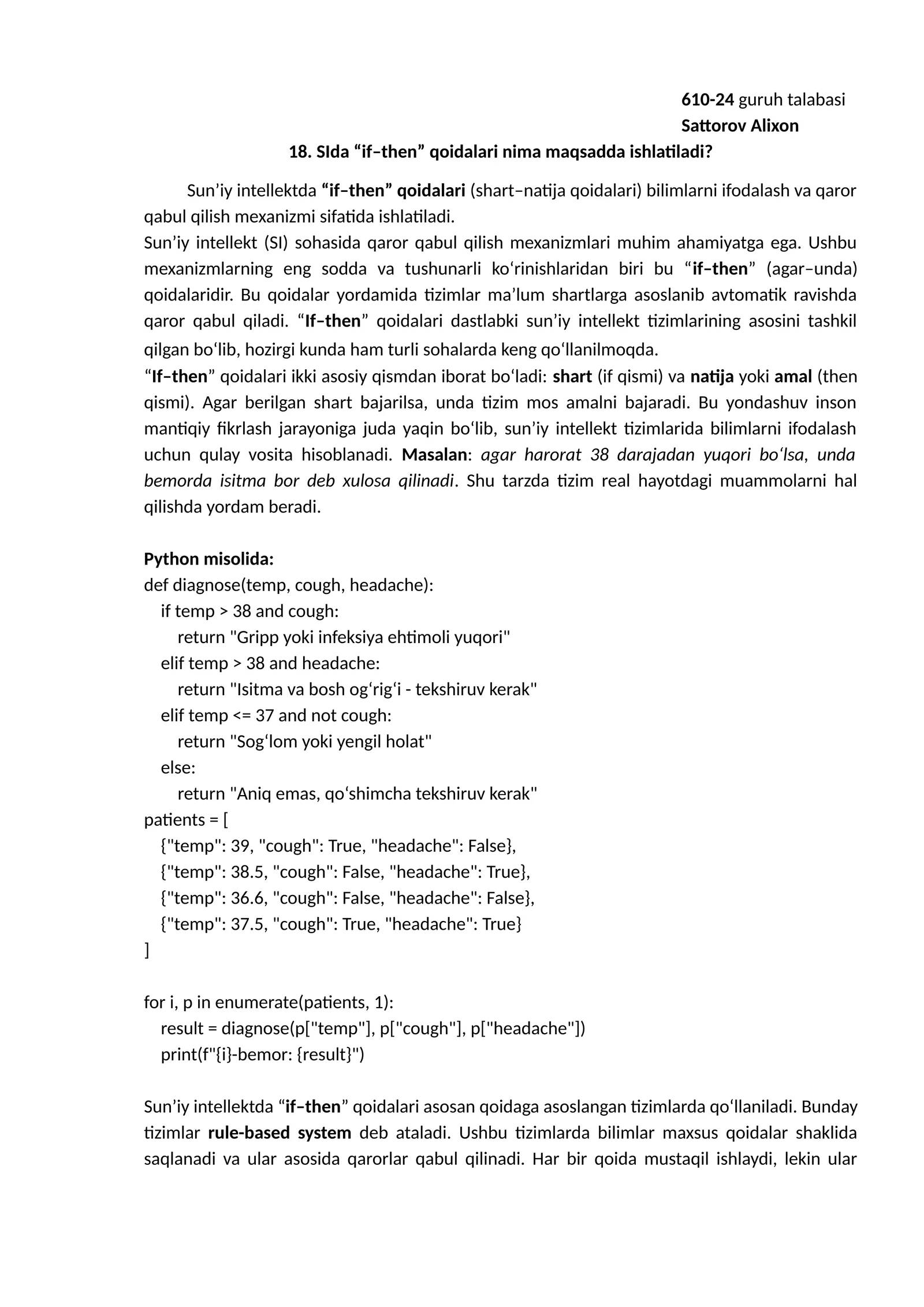 Sun’iy intellektda “if–then” qoidalari