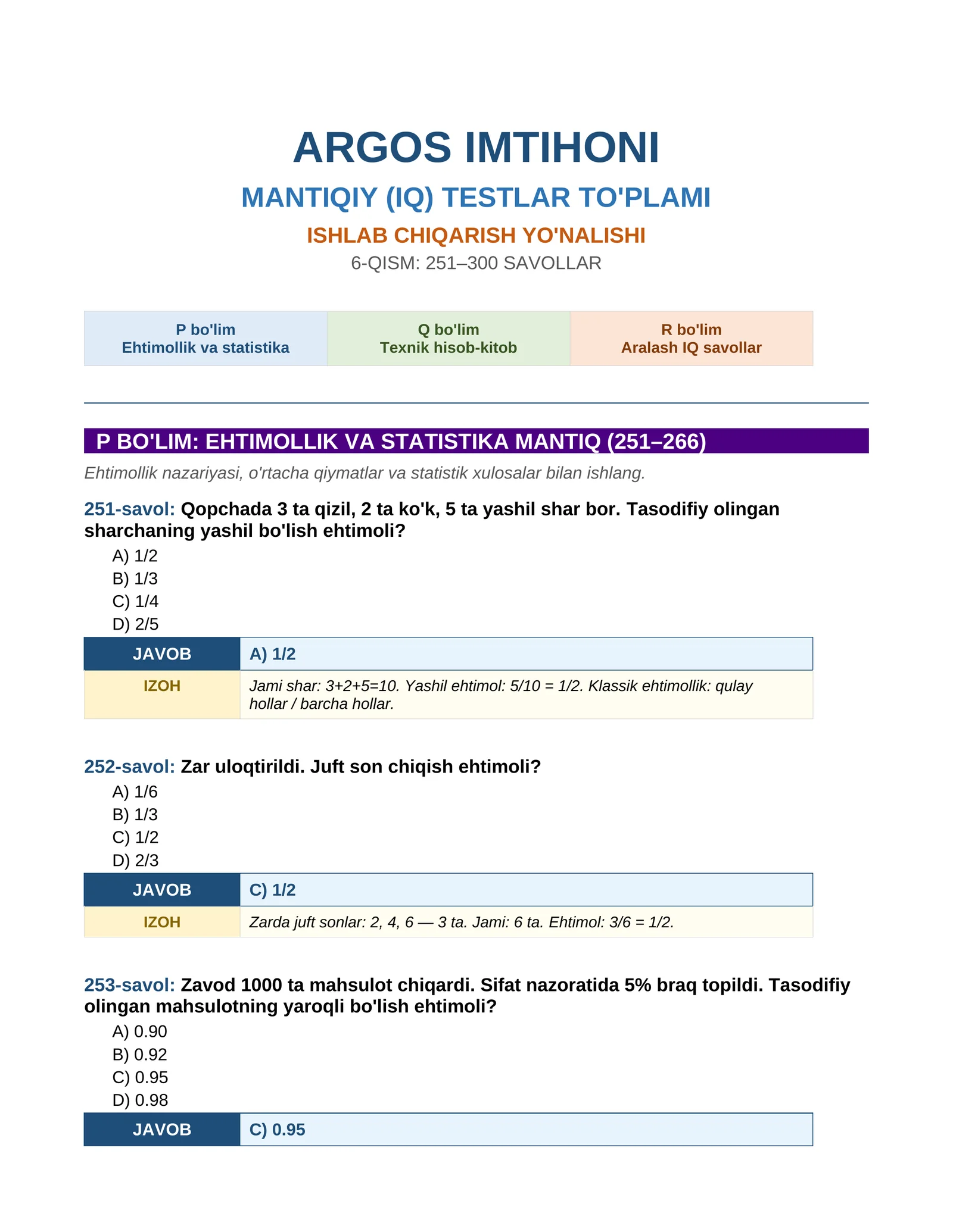 ARGOS IMTIHONI MANTIQIY (IQ) TESTLAR TO'PLAMI
