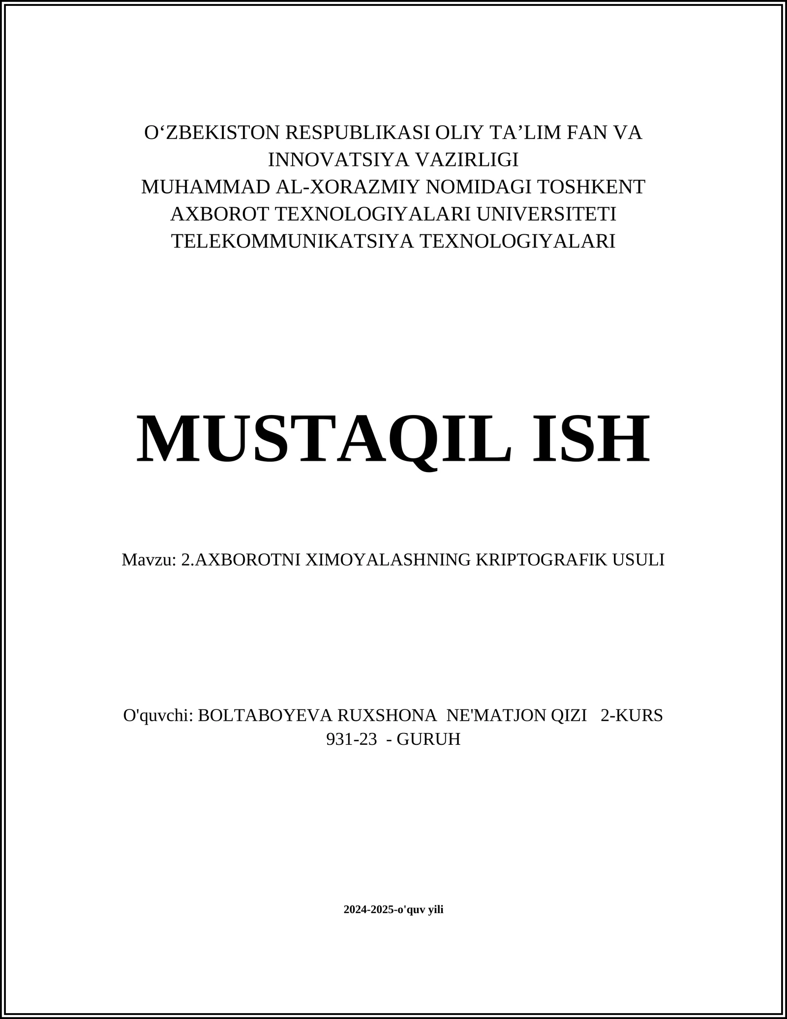 AXBOROTNI XIMOYALASHNING KRIPTOGRAFIK USULI