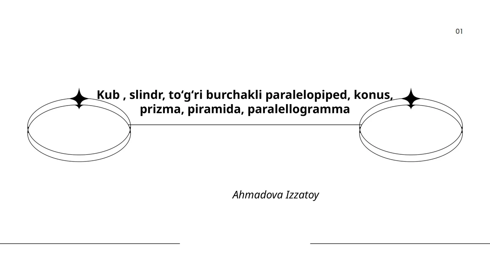 Kub, slindr, toʻgʻri burchakli paralelopiped, konus, prizma, piramida, paralellogramma