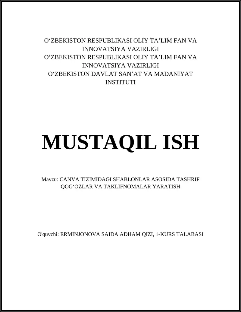 CANVA TIZIMIDAGI SHABLONLAR ASOSIDA TASHRIF QOG‘OZLAR VA TAKLIFNOMALAR YARATISH