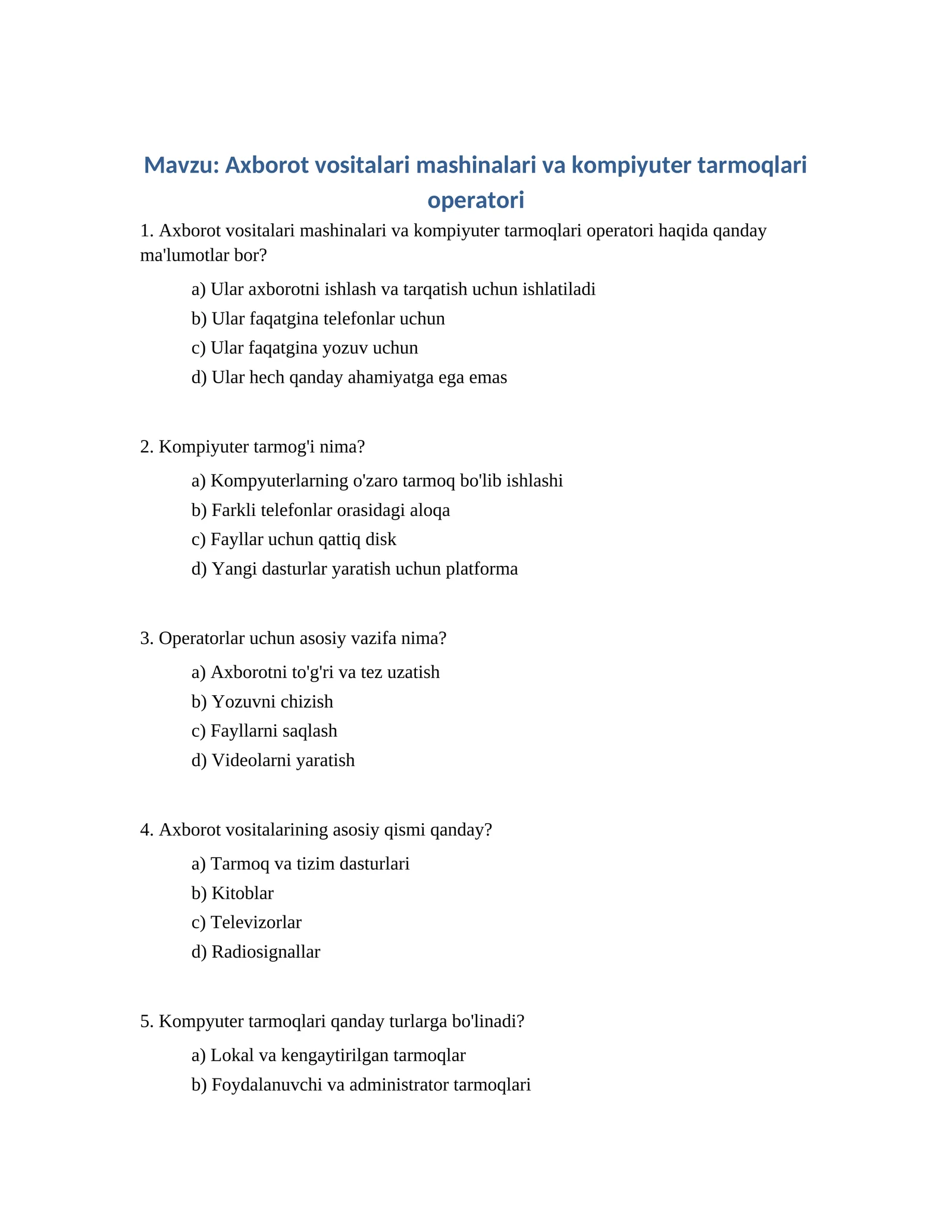 Axborot vositalari mashinalari va kompiyuter tarmoqlari operatori