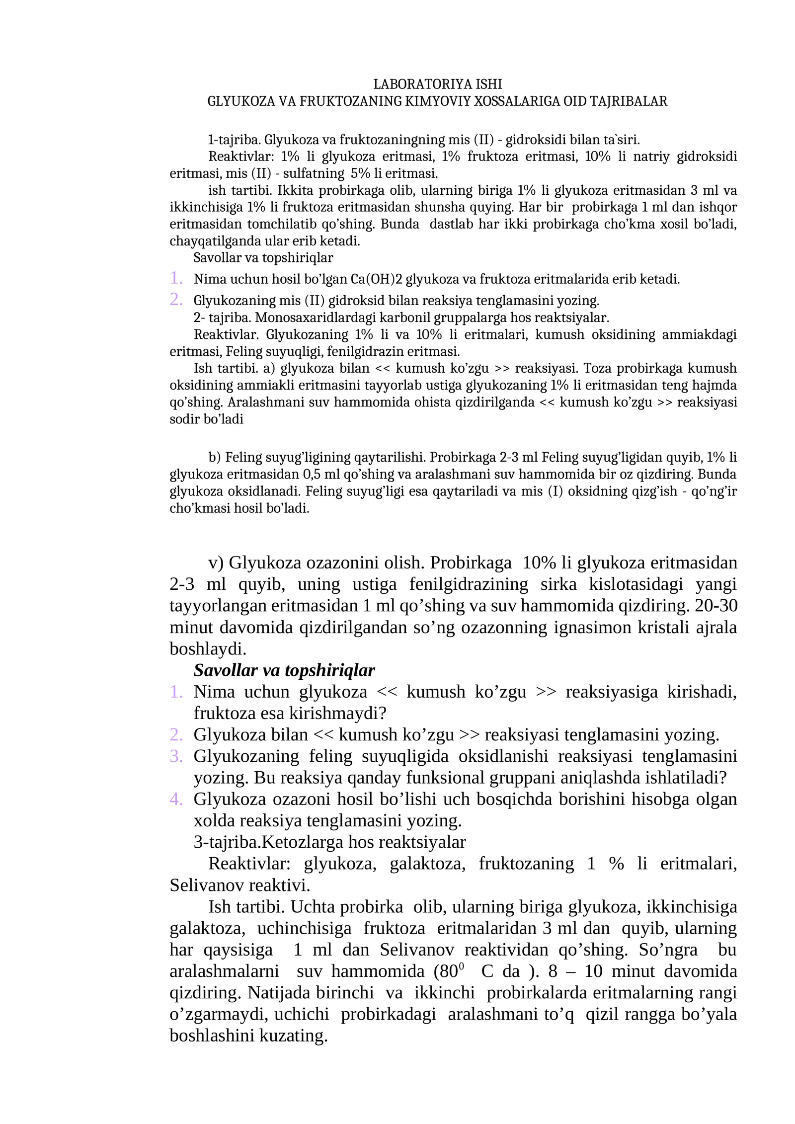 GLYUKOZA VA FRUKTOZANING KIMYOVIY XOSSALARIGA OID TAJRIBALAR