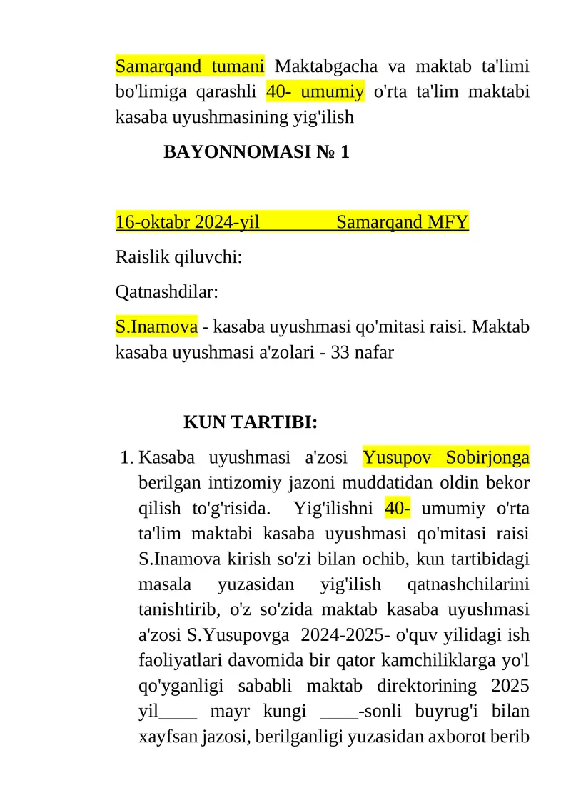 Kasaba uyushmasining yig'ilish BAYONNOMASI Intizomiy jazo olib tashlash