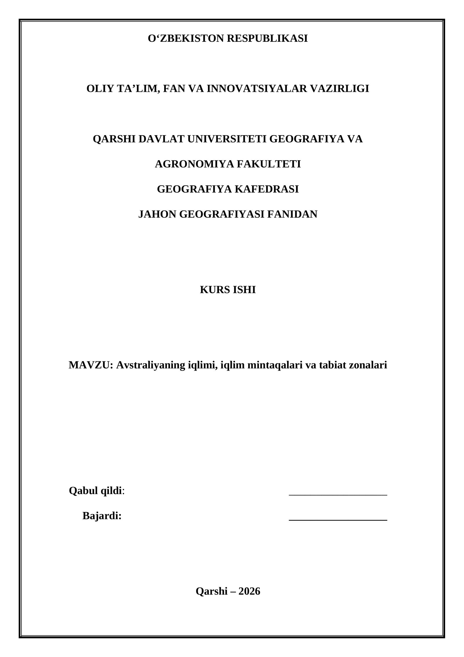 JAHON GEOGRAFIYASI FANIDAN KURS ISHI