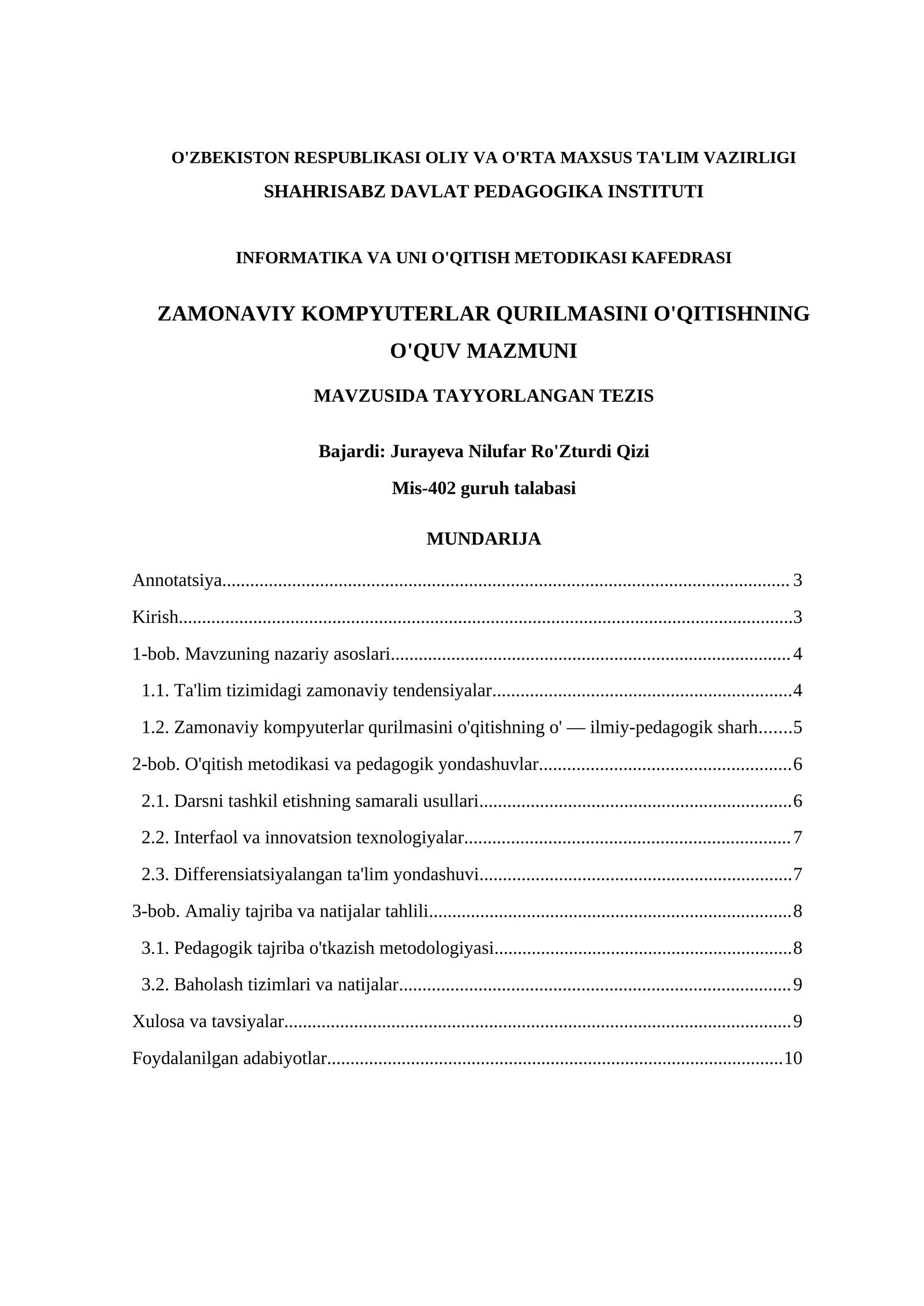 ZAMONAVIY KOMPYUTERLAR QURILMASINI O'QITISHNING O'QUV MAZMUNI